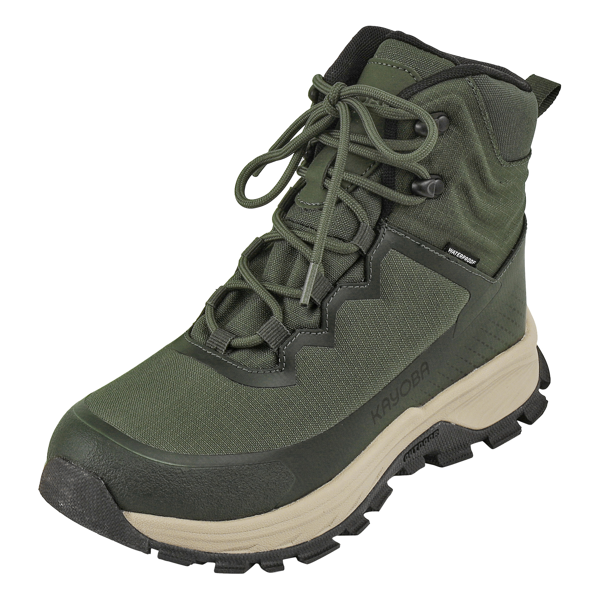 En Kayoba Outdoor Waterproof vandringskänga i olivgrönt med svarta detaljer, robust fotsula, upphöjd fotledsstöd och gröna snören.