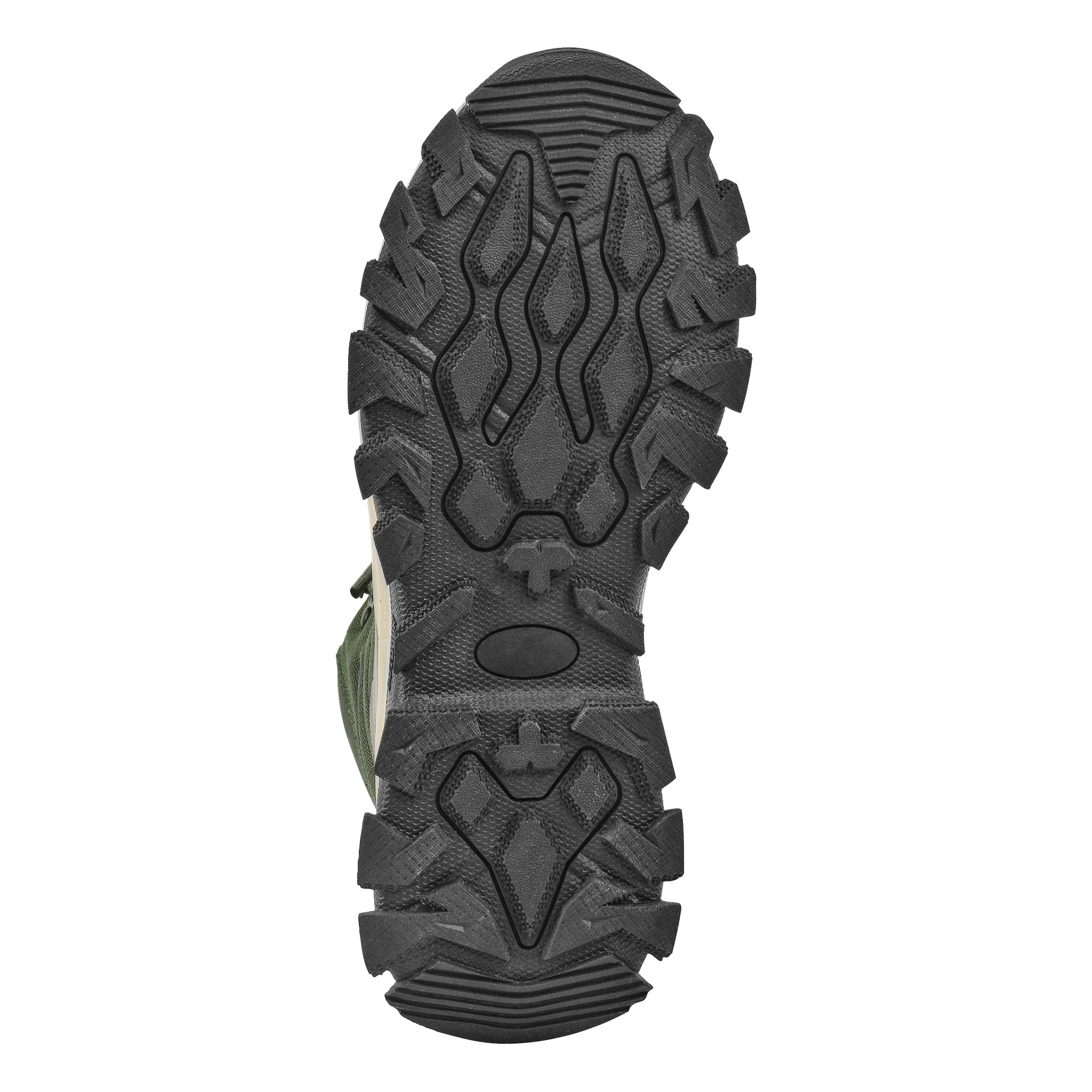 Närbild av den svarta sulan på en Kayoba Outdoor Waterproof vandringskänga, som visar ett djupt texturerat mönster med djärva geometriska former och upphöjda partier som förbättrar greppet. Bagagetövelns konstruktion verkar robust och byggd för att hålla.