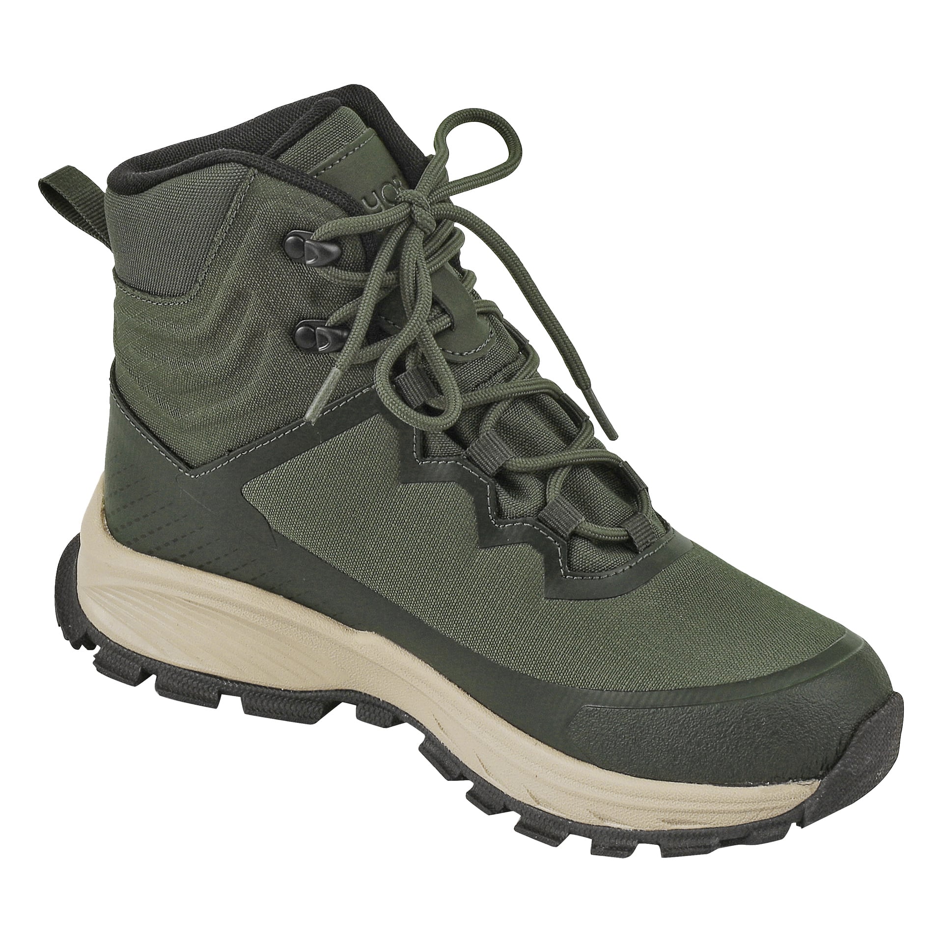 En enda grön Kayoba Outdoor Waterproof vandringskänga är vinklad något åt höger. Stöveln har svarta snören, en texturerad övre del, en vadderad krage och en robust beige och svart gummisula.