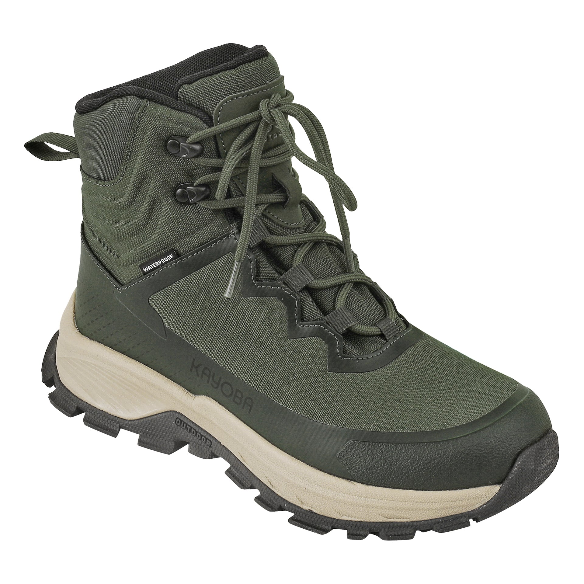 En olivgrön vandringskänga från Kayoba Outdoor med svart och beige sula, förstärkt tåområde, tygöverdel, synliga snören och en hälflik. Sidan visar Kayoba Outdoor-märkningen tillsammans med en vattentät märkning.