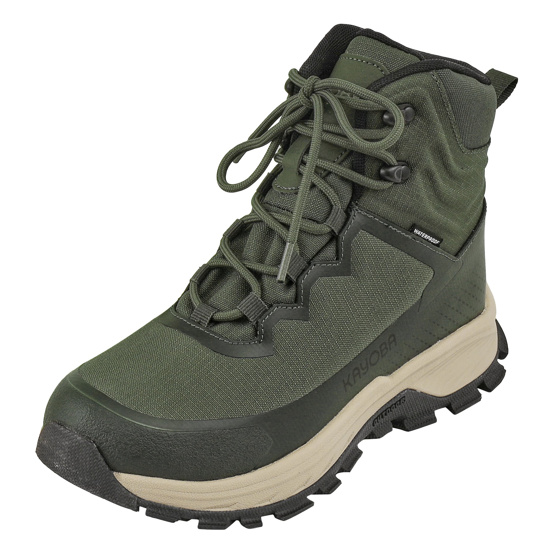 En olivgrön Kayoba Outdoor Waterproof Hiking Boot med svarta och beige detaljer, som visar ett stadigt mönster, högt fotledsstöd, tjocka snören och extra förstärkning på tå och häl.
