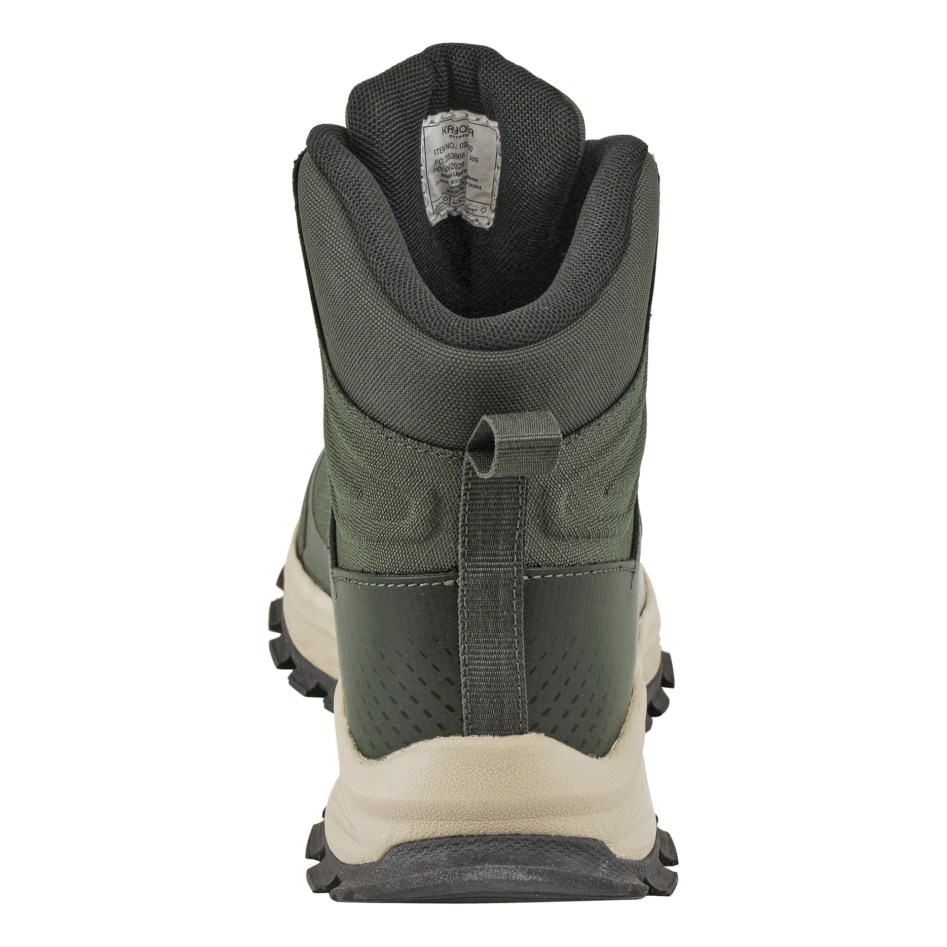 Baksida av en mörkgrön Kayoba Outdoor Waterproof vandringskänga med svart innerfoder, texturerad gummisula, beige mellansula och en styg hälflik. Kayoba Outdoor-märkningen finns inuti kragen.