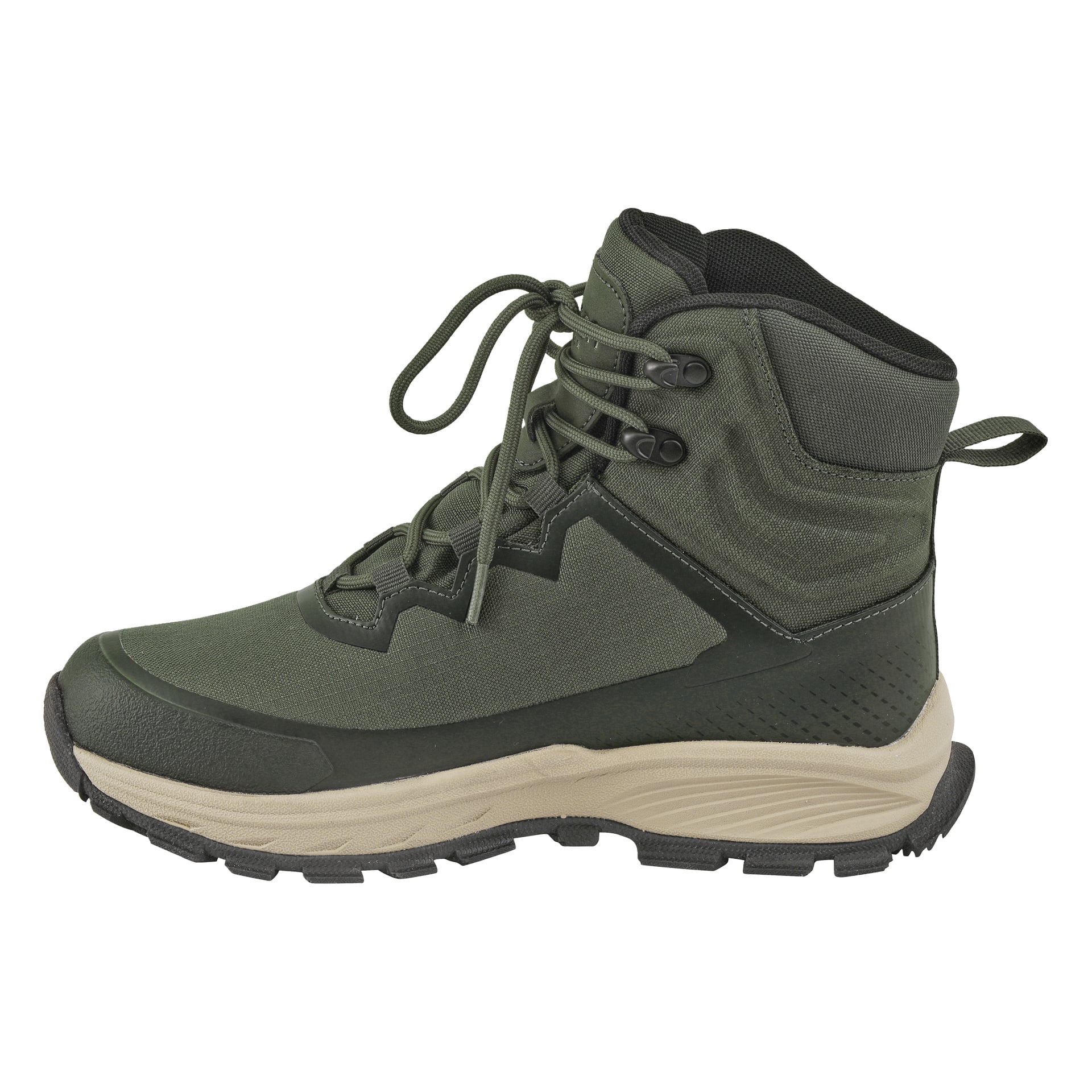 En Kayoba Outdoor Waterproof vandringskänga i olivgrönt visas från sidan. Den har svarta snören, en robust svart och grå sula, förstärkt tå, dämpat fotledsstöd och en dragflik vid hälen.