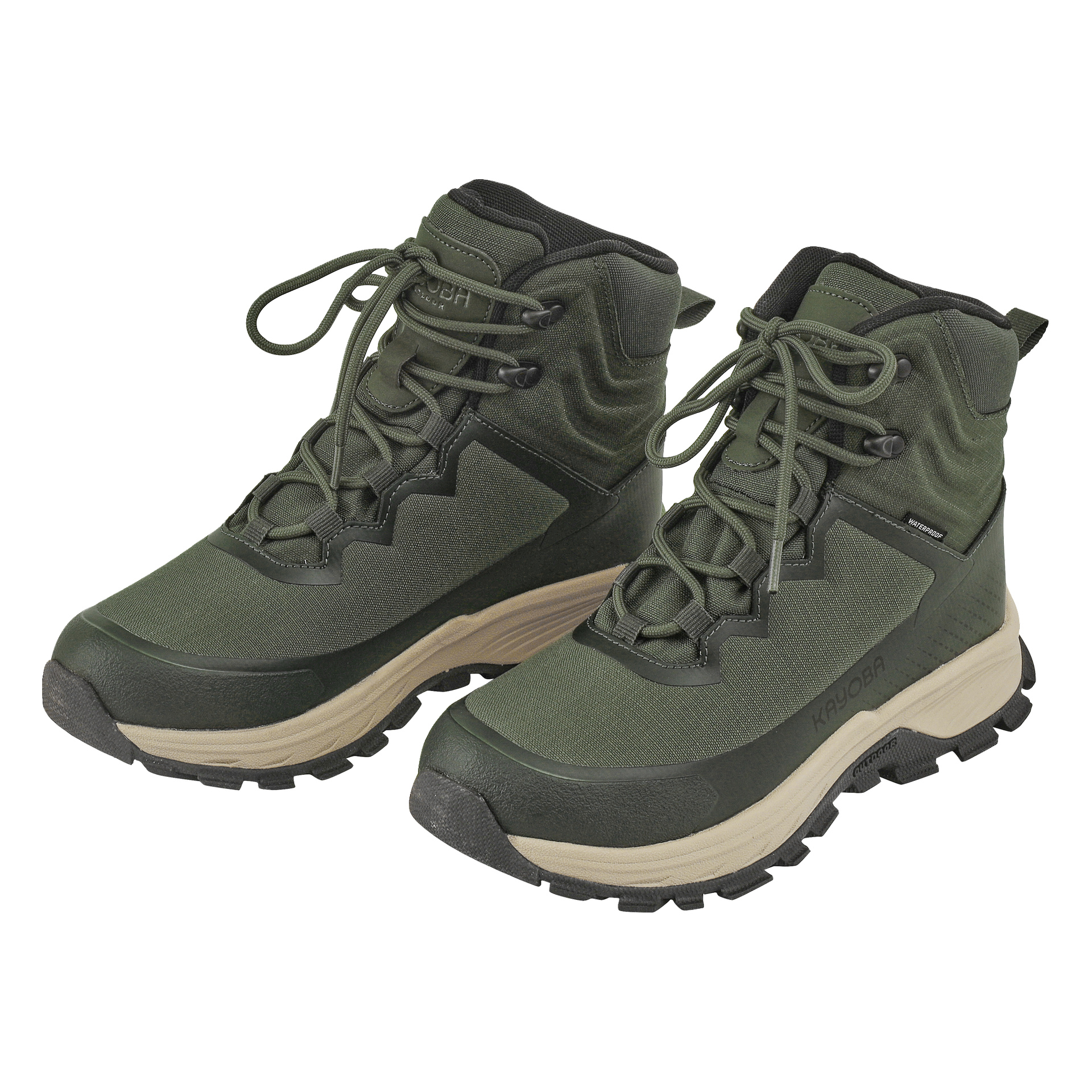 Gröna Kayoba Outdoor Waterproof vandringskängor med hög silhuett, tjocka beige sulor, svarta mönster och snörningsstängningar. Förstärkta tåkapslar och hälar ger extra hållbarhet för robust utomhusanvändning.