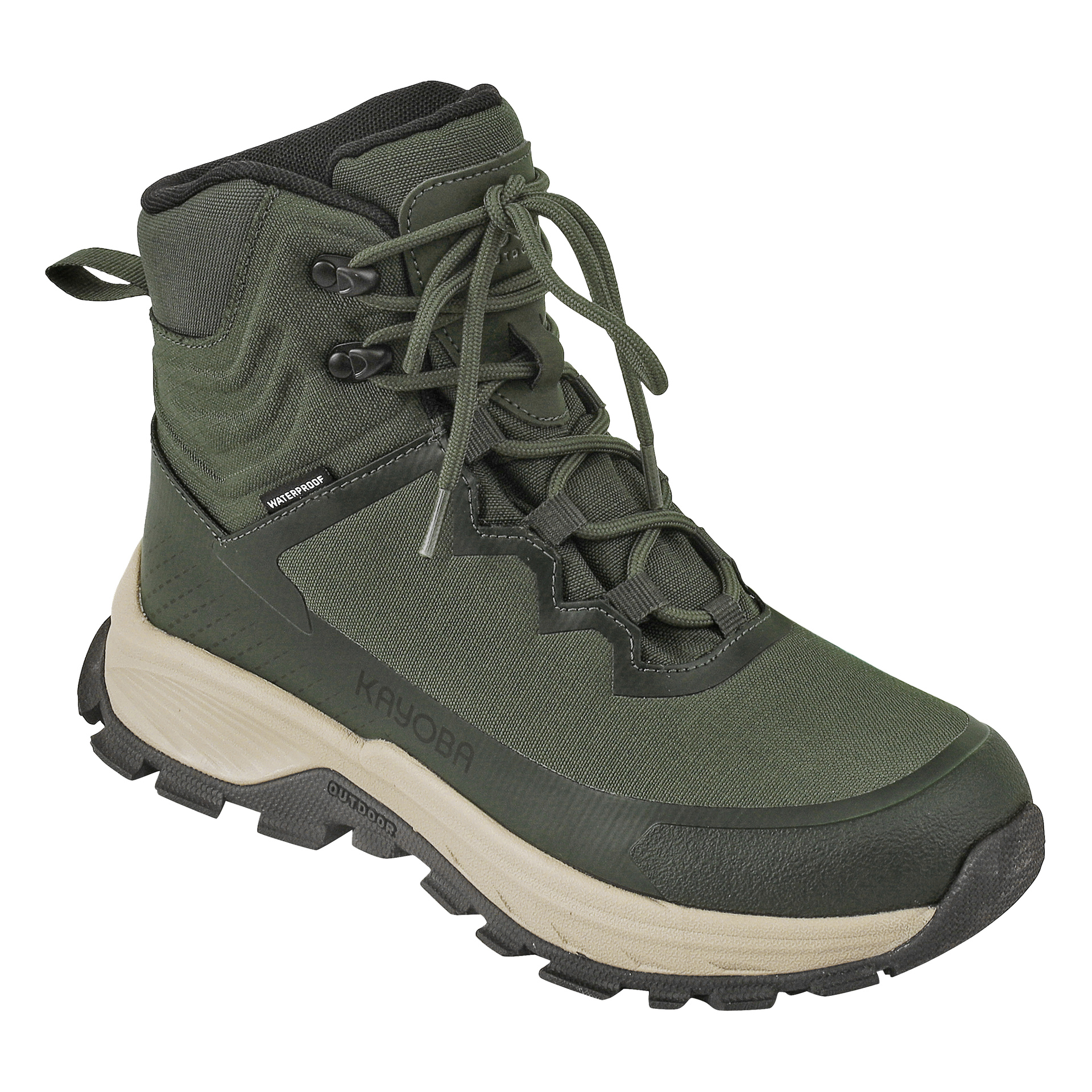 Grønne vanntette tursko fra Kayoba Outdoor, designet med svarte og beige såler, en forsterket svart tåhette, fem snørehull og en trekkflik på hælen. Siden har "Kayoba Outdoor"-merkingen.