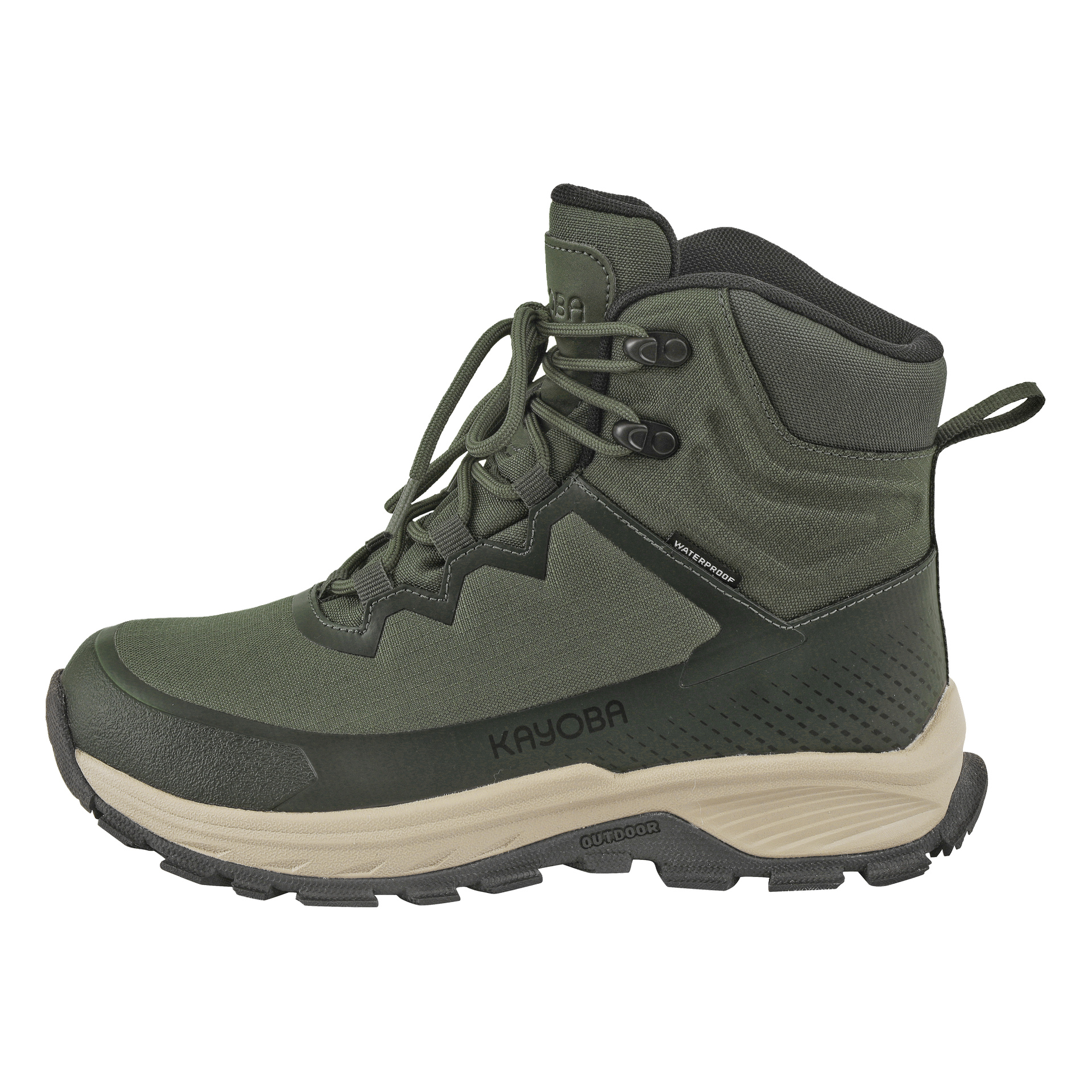 En grønn, vanntett fjellstøvel med høy topp fra Kayoba Outdoor, detaljert med svarte detaljer, beige såle, merkelogoen på siden, metalløyler for lissene og en trekkflik ved hælen.