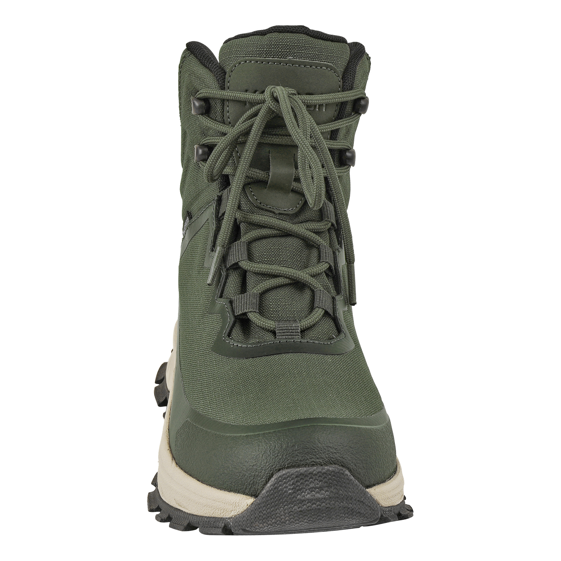 Frontvisning av en enkelt Kayoba Outdoor Waterproof tursko i grønt med svarte detaljer, som viser intrikate lisser og en robust, tykk såle.