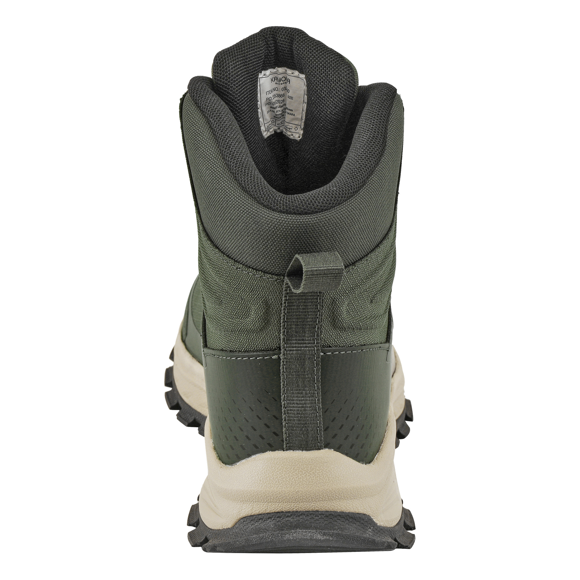 En enkelt Kayoba Outdoor Waterproof tursko i mørkegrønt og beige sees bakfra, med teksturert såle, trekkflik, polstret ankelkrage og en innvendig etikett med tekst.