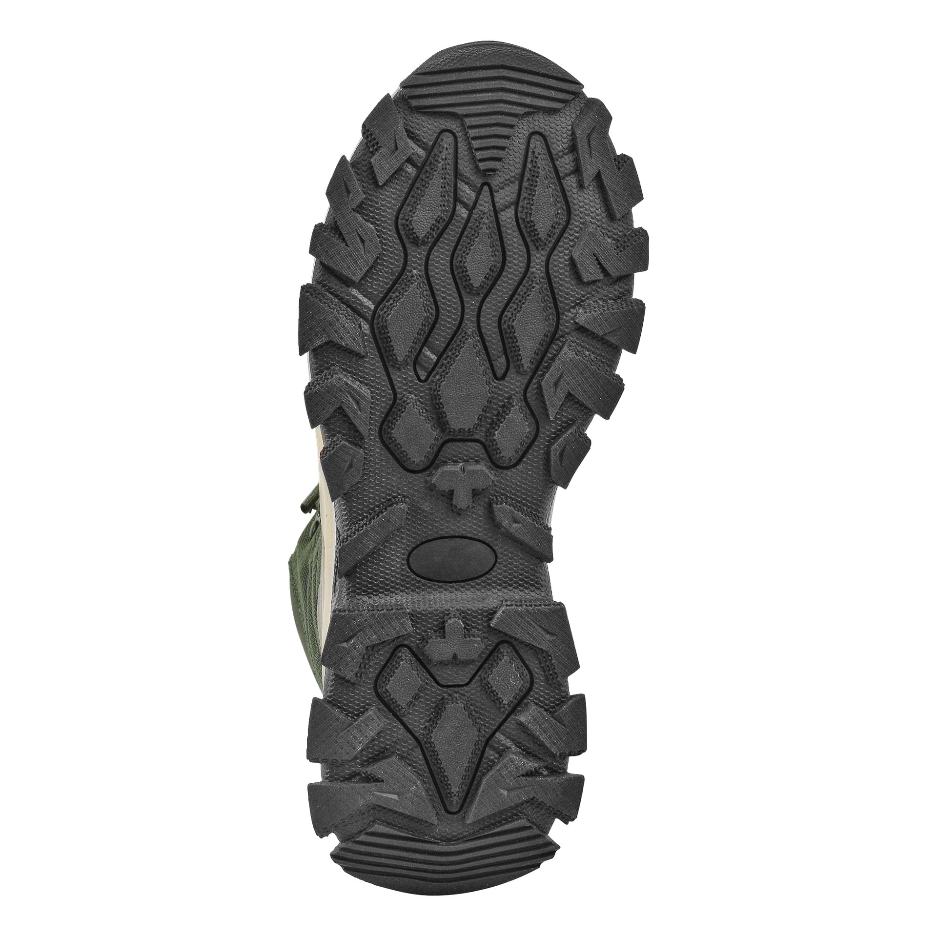 Kayoba Outdoor Waterproof -vaelluskengän pohjan yksityiskohtainen näkymä paljastaa selkeitä, kulmikkaita kulutuskuvioita ja teksturoituja yksityiskohtia, jotka on suunniteltu parantamaan pitoa ja kestämään kulutusta.
