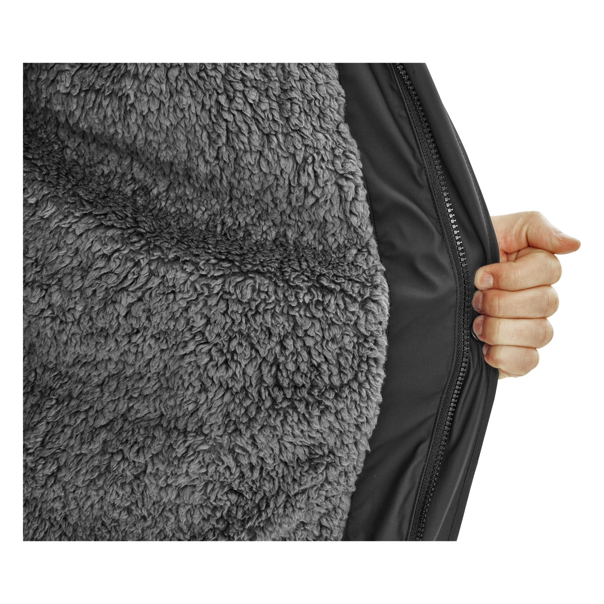 Eine Hand öffnet die mit Fleece gefütterte Regenjacke Visby von Kayoba Outdoor Men's und zeigt das weiche, grau strukturierte Fleece-Interieur. Der Reißverschluss und einige Finger der Person sind ebenfalls sichtbar.