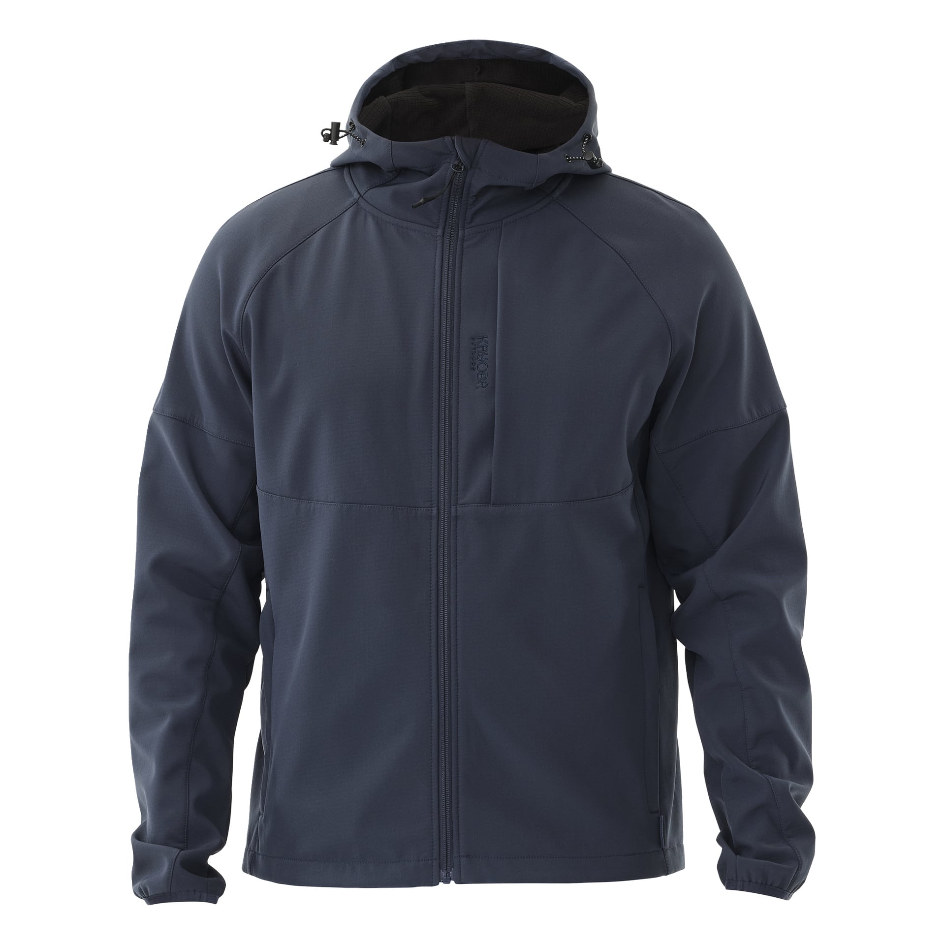 Kayoba Outdoor Hede -naisten tummansininen softshell-takki fleecevuorilla, hupulla, etuvetoketjulla, pitkähihoilla ja kahdella sivutaskulla.
