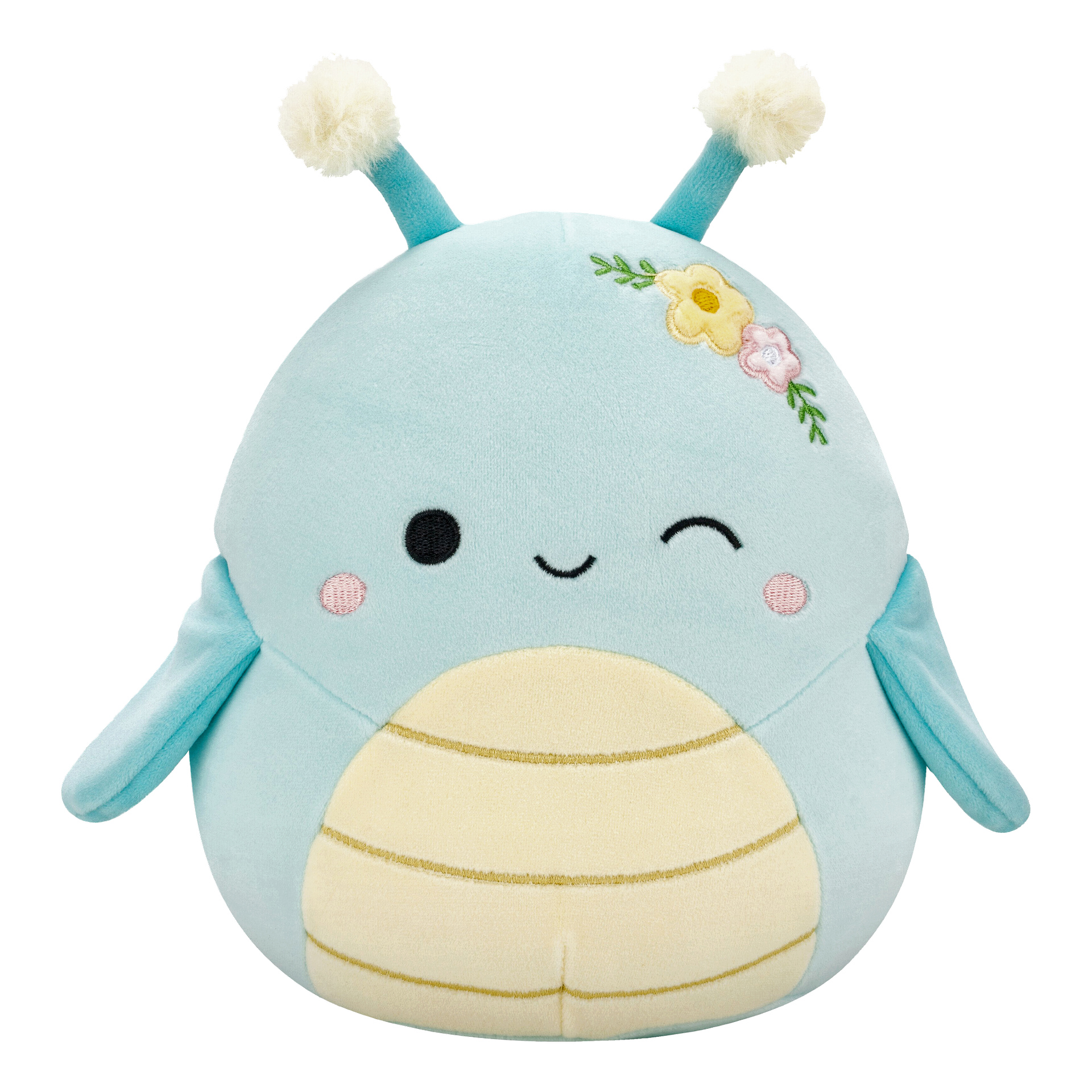 Squishmallows Super-soft Cuddly Toy on vaaleansininen, hyönteisvaikutteinen pehmolelu, jossa on kaksi antennia, leikkisä silmää iskevä kasvot, keltaiset ja kermanväriset vatsayksityiskohdat, pienet siivet ja kukkakirjailu päässä.