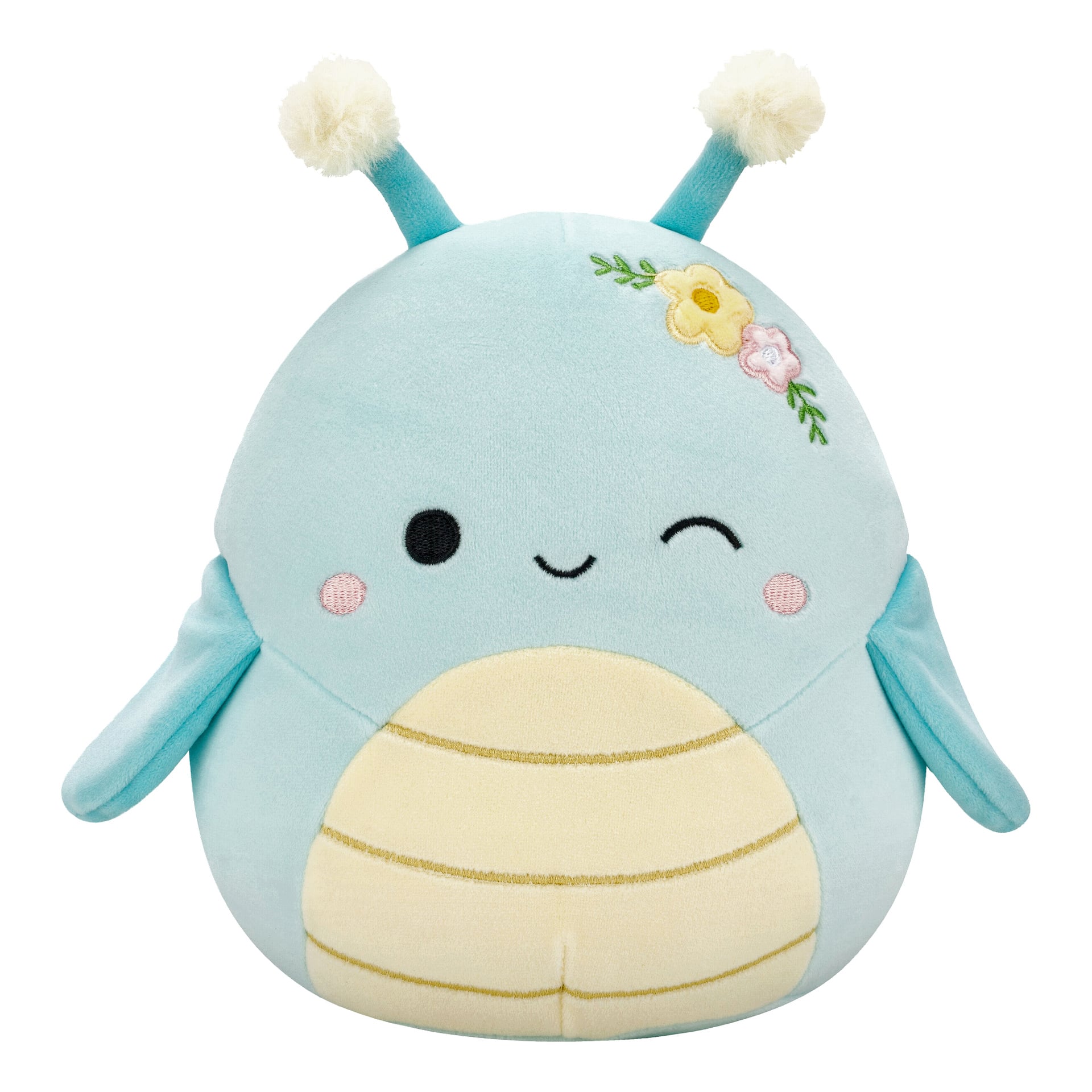 Squishmallows Supermjuka gosedjur är en ljusblå, insektsinblåst gosedjur med två antenner, ett lekfullt blinkande ansikte, gula och krämfärgade magdetaljer, små vingar och blombroderier på huvudet.