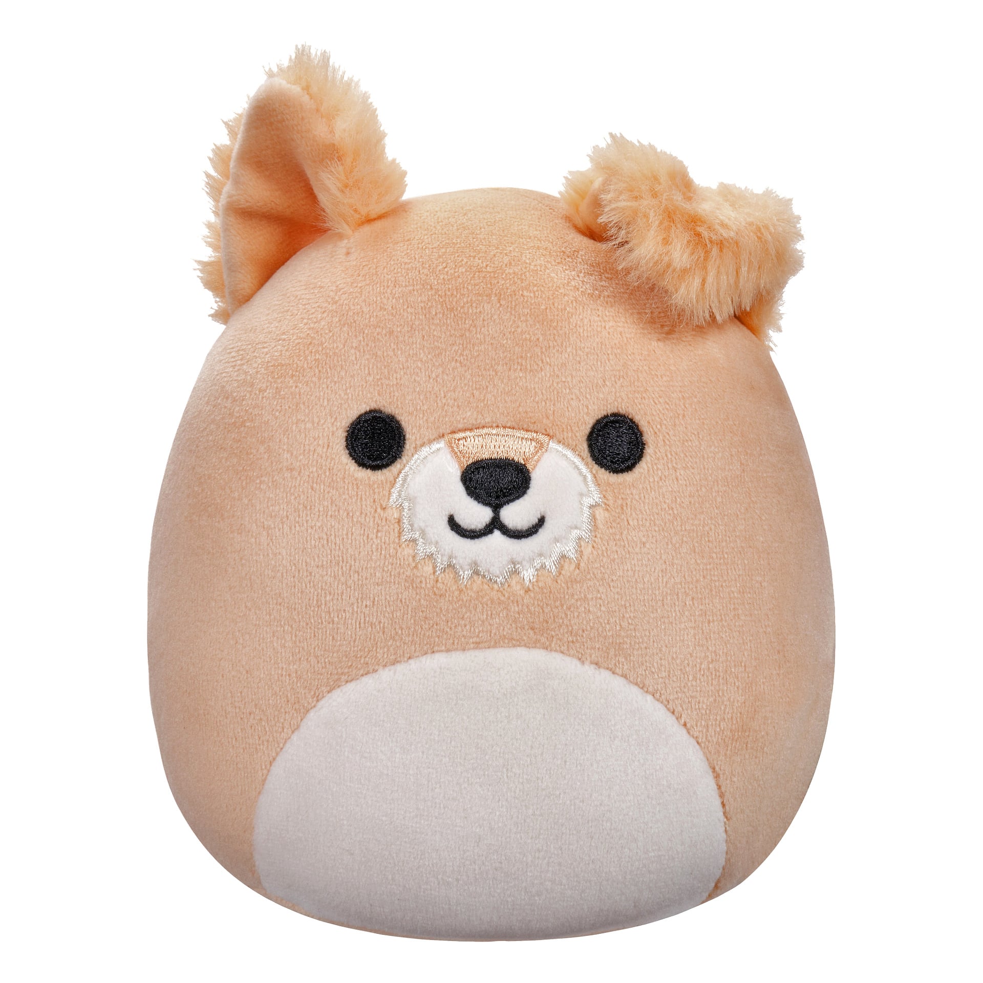 Superpehmeä Squishmallows-pehmolelu, joka on muotoiltu pyöreäksi vaaleaksi koiraksi, pienet pystykorvat, mustat silmät, ommeltu musta nenä ja suu sekä valkoinen vatsa.