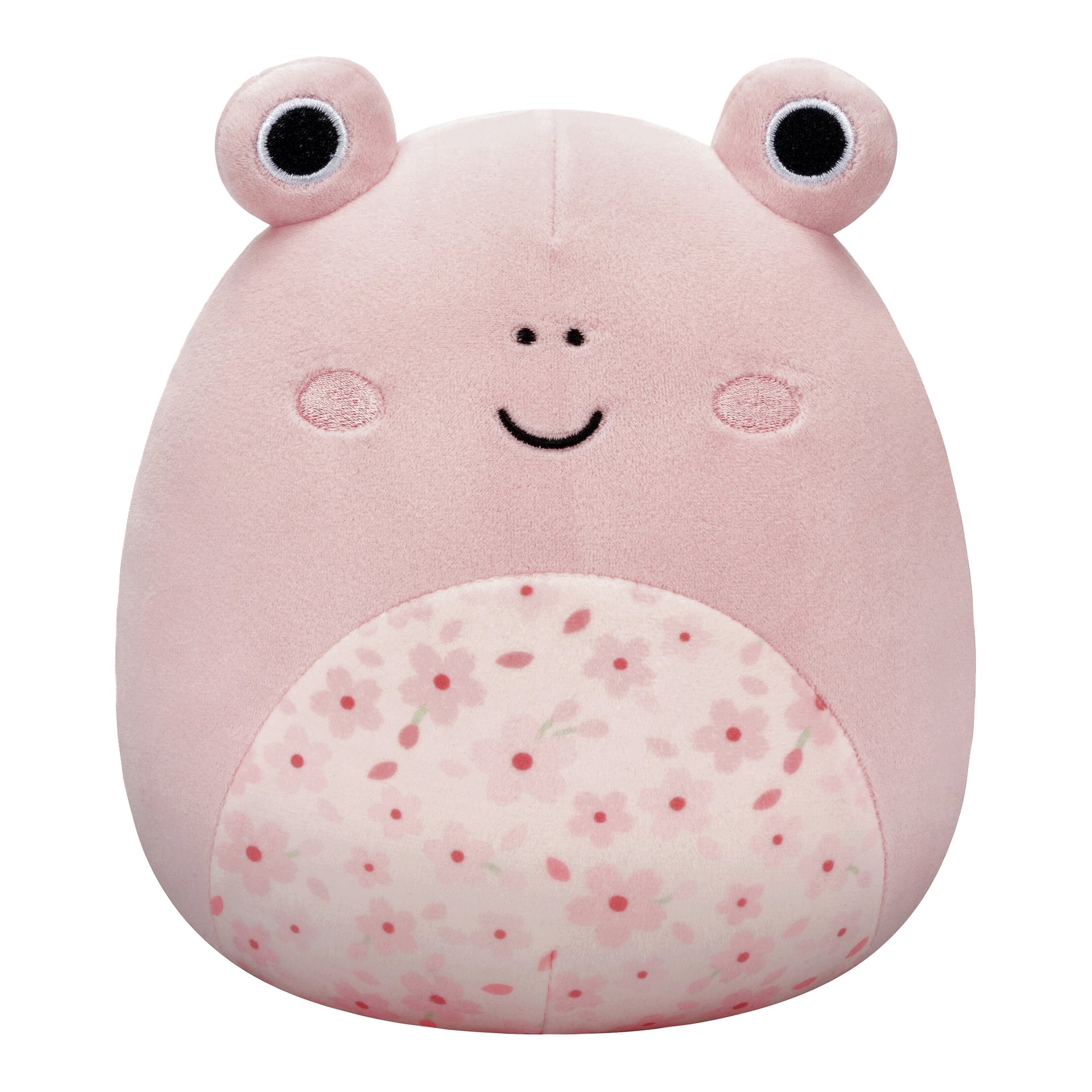 Vaaleanpunainen, pehmeä Squishmallows-sammakko on päässään pyöreät silmät, lempeä ommeltu hymy ja vatsa, joka on koristeltu herkillä vaaleanpunaisilla kukilla vaalean kukkakuvion taustalla.