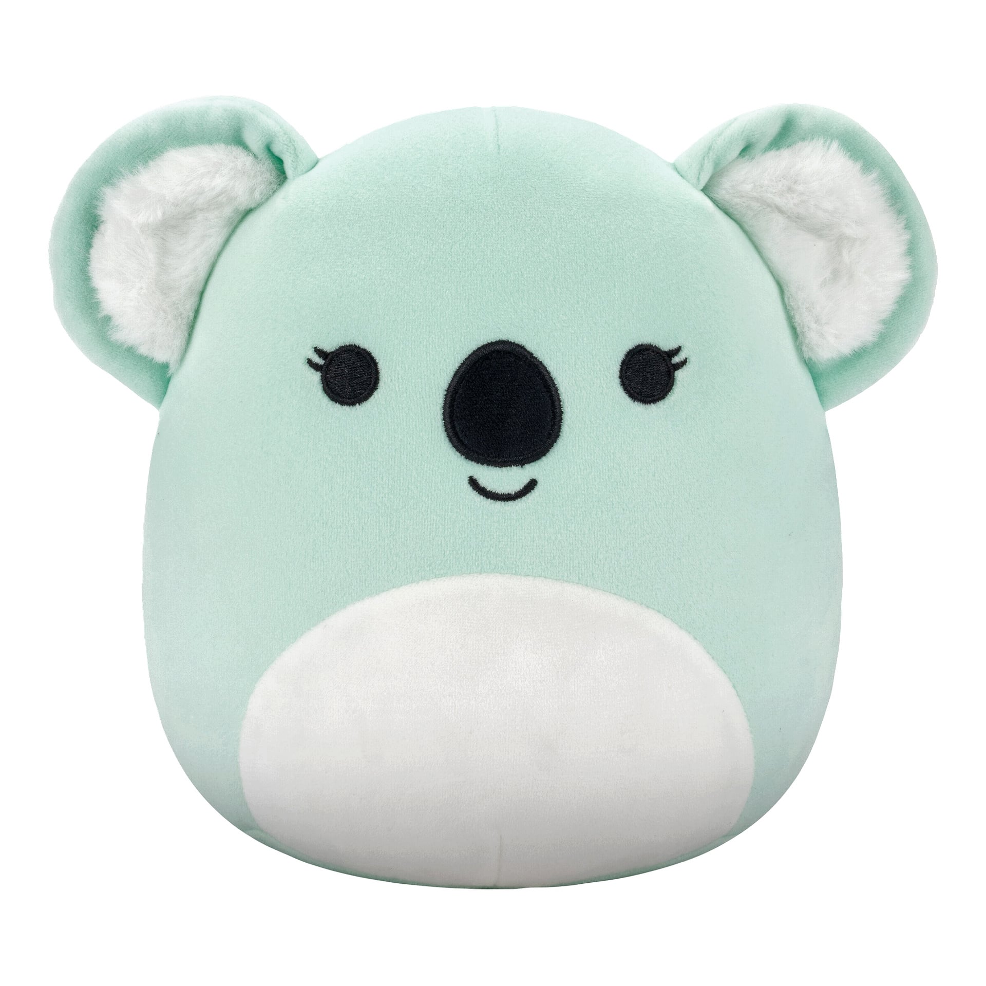 Superpehmeä Squishmallows-pehmolelu, joka on muotoiltu vaaleanvihreäksi koalaksi, valkoinen sisäkorvissa ja vatsassa, ja mustat kirjailtu silmät, nenä ja suu.