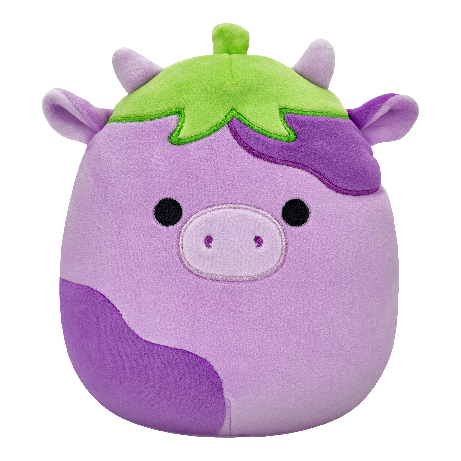 Squishmallowsin superpehmeä halinlelu on pehmeä lehmä, jolla on pyöreä vartalo, pääasiassa violetti, jossa on vihreät ja vaaleanvioletit yksityiskohdat. Sillä on mustat silmät, vaaleanvioletti kuono, pienet korvat ja kaksi pientä sarvea.