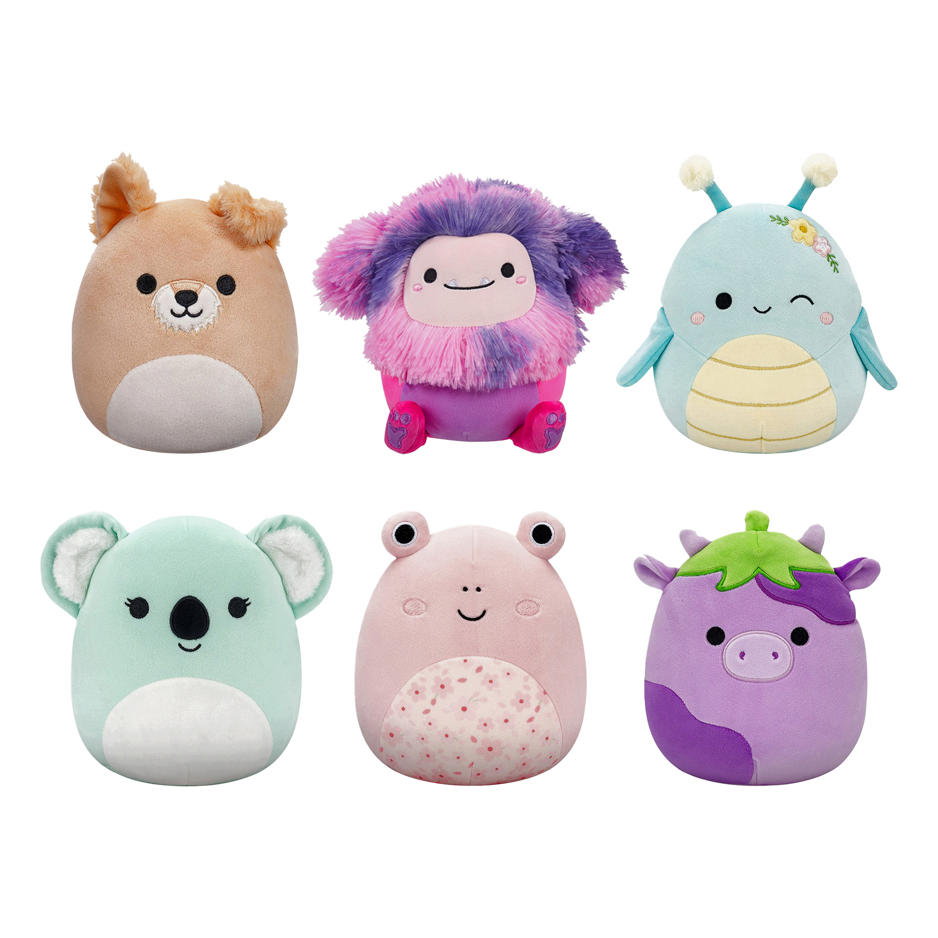 Kuusi pehmeää Squishmallows-lelua, joissa on pyöreät muodot ja erottuvat kuviot – karhu, eläväinen pörröinen olento, ötökkä, koala, sammakko ja violetti lehmä vihreillä täplillä – on esillä kahdessa rivissä.