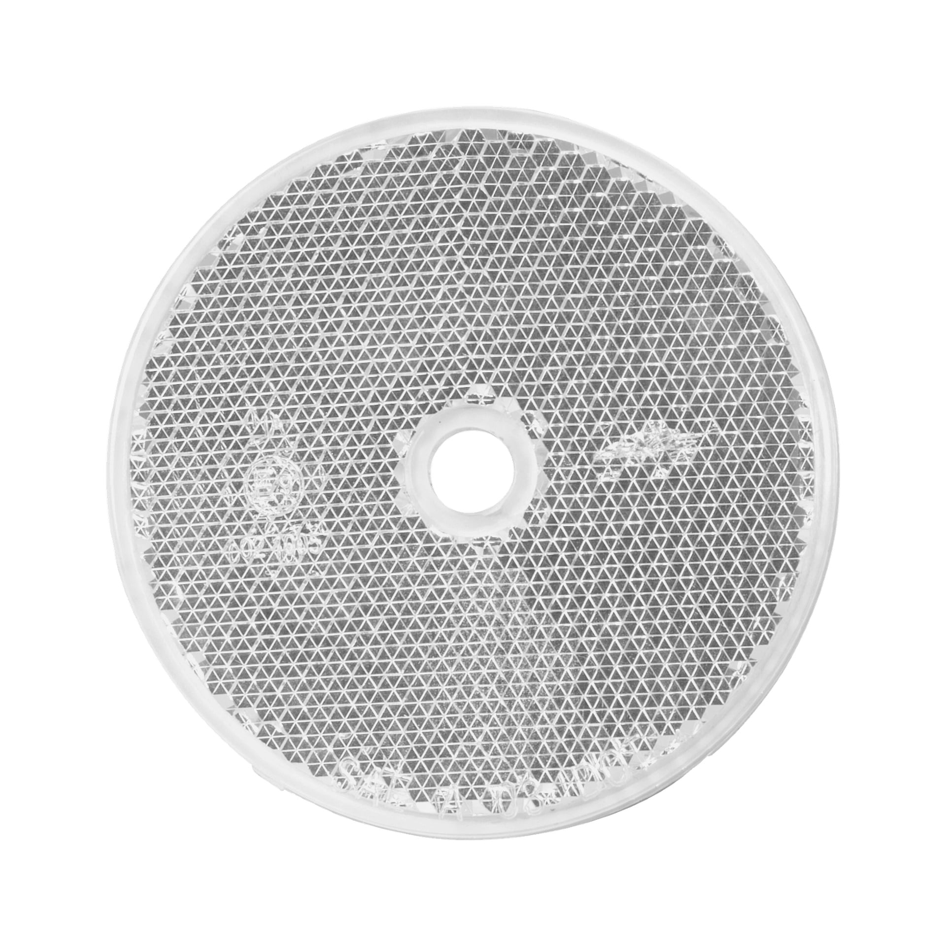 En cirkulär vit plastnätskiva med ett rutnät och ett hål i mitten, sedd från ett översiktsperspektiv. Märkt som Hamron positionsreflektor.