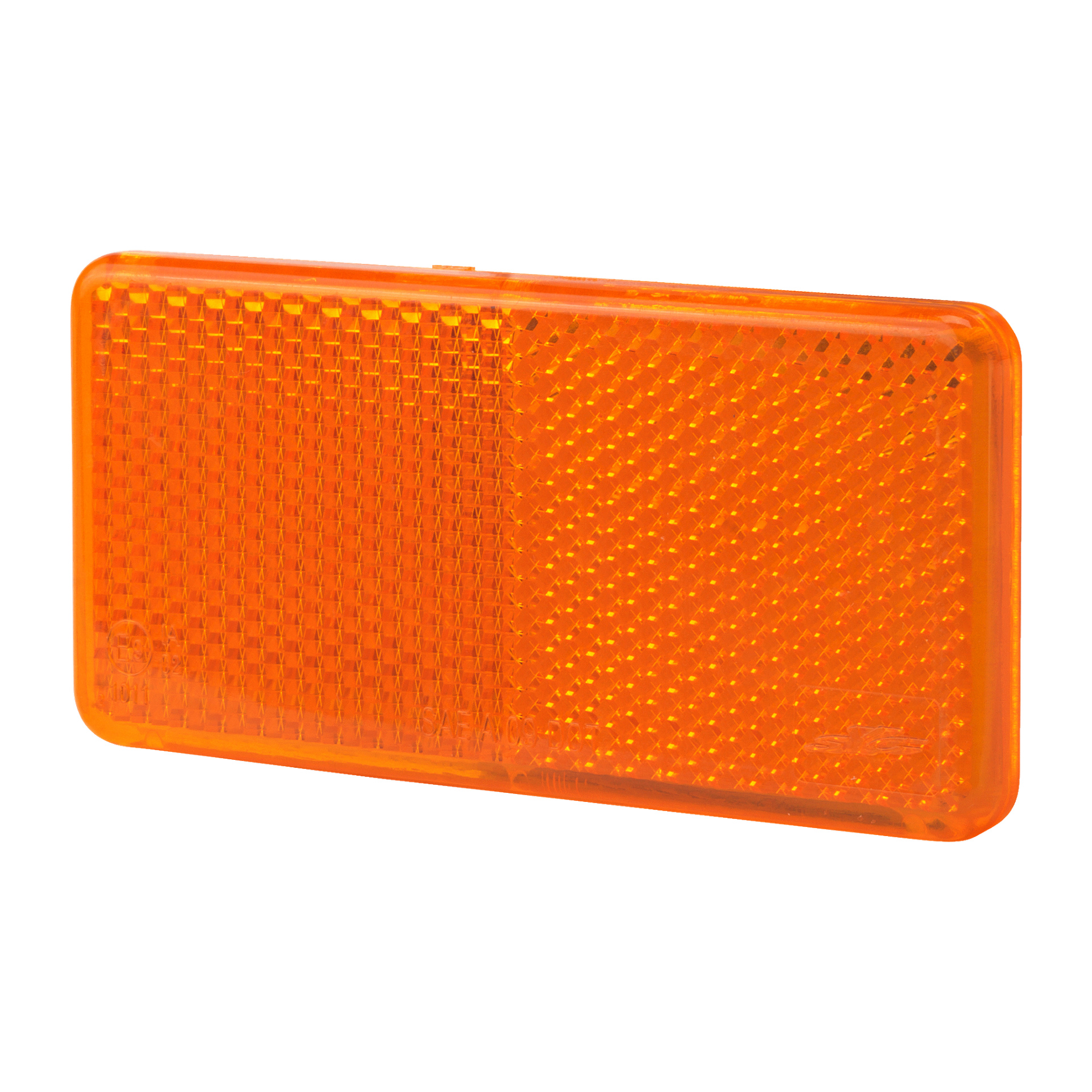 En rektangulär orange Hamron-reflektor har en texturerad yta för att förbättra ljusreflektion, ofta fäst på cyklar, fordon eller vägskyltar för ökad synlighet.