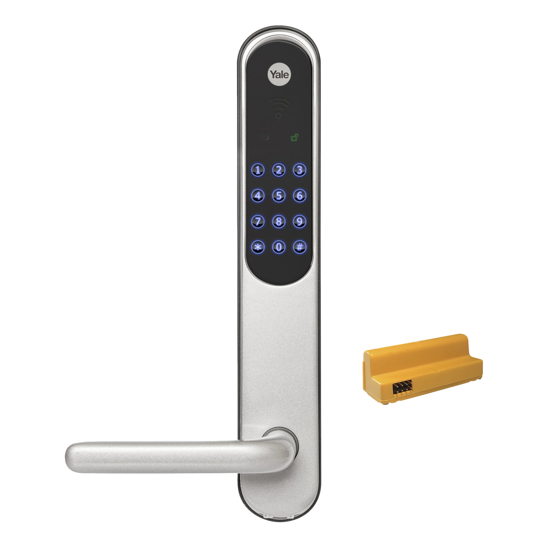 Yale Doorman Classic digital dørlås med bakbelyst numerisk tastatur og spakhåndtak, vist med en separat gul elektronisk modul.