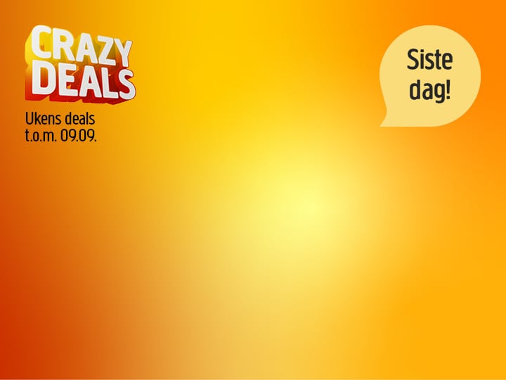 Bakgrunn med fargeovergang fra gult til oransje, med tekstene «CRAZY DEALS» og «Ukens tilbud frem til 09.09.» på venstre side, og en taleboble på høyre side med teksten «Siste dag!».