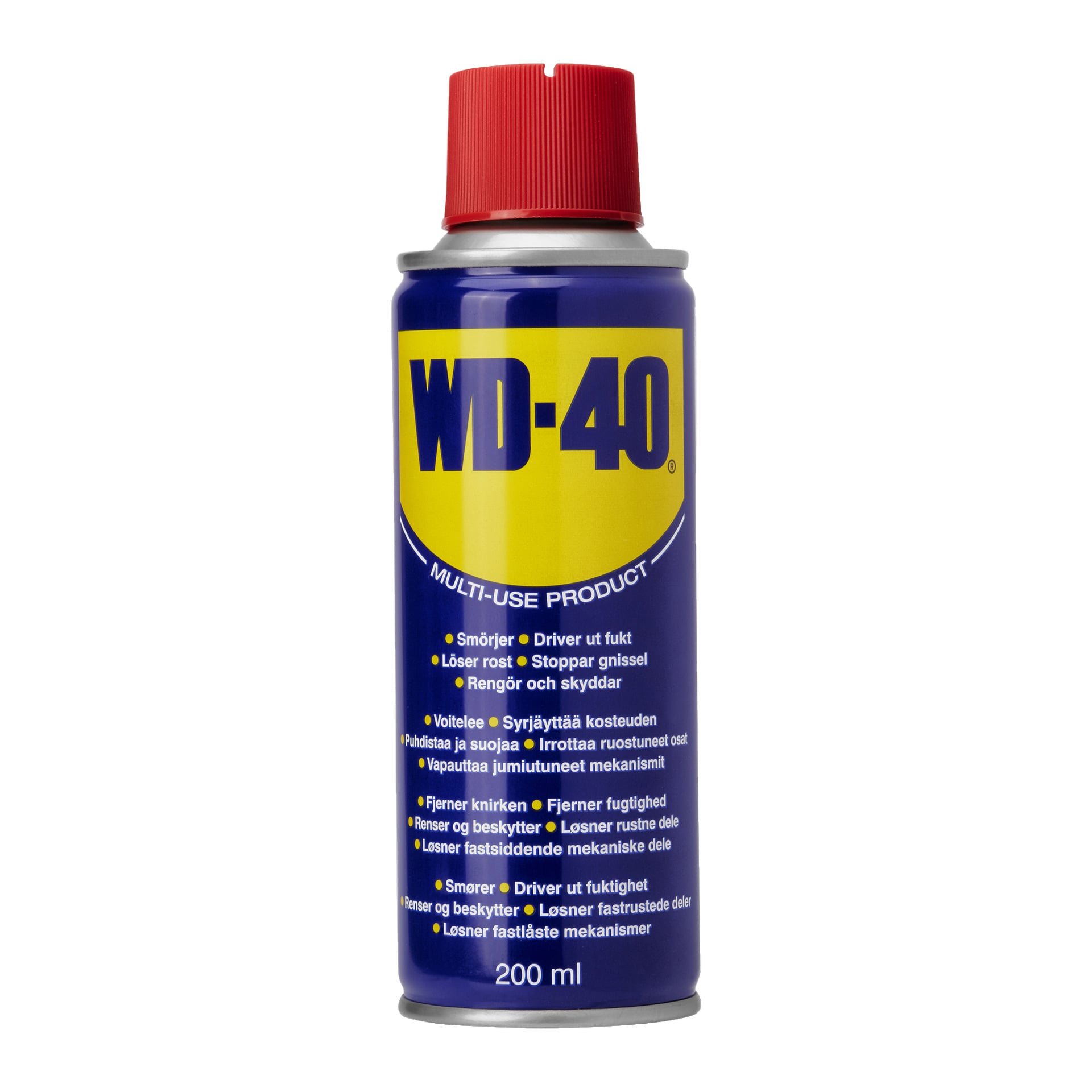 En 200 ml boks med WD-40 Multi-purpose spray med rød lokk, som viser tekst om funksjonene for smøring, rustfjerning, fuktighetsforskyvning og rengjøring.