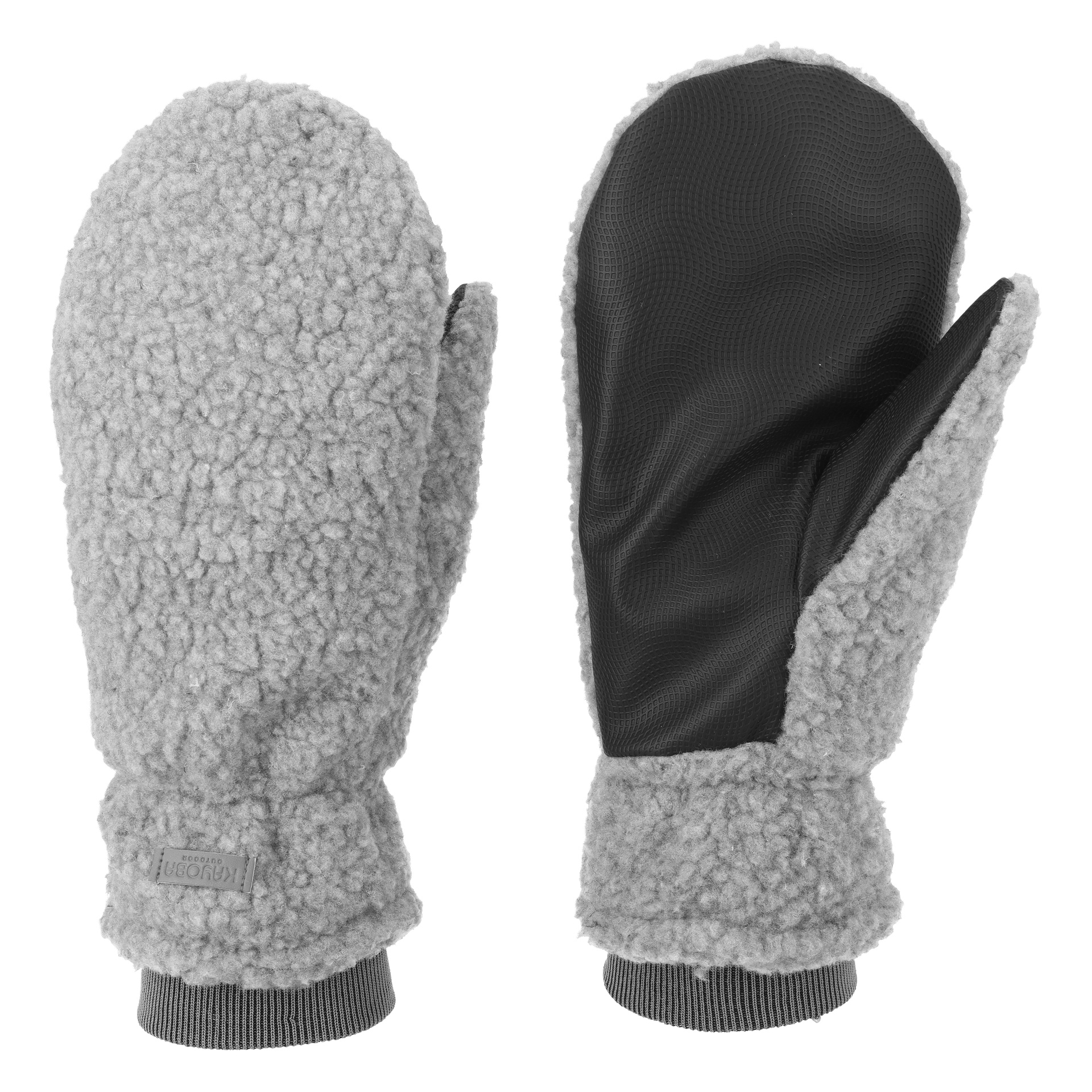 Ein Paar graue Kayoba Outdoor Pile Fäustlinge werden präsentiert, wobei einer seine weiche, flauschige Außenseite zeigt und der andere eine glatte schwarze Handfläche. Die Fäustlinge haben gerippte Manschetten an den Handgelenken.