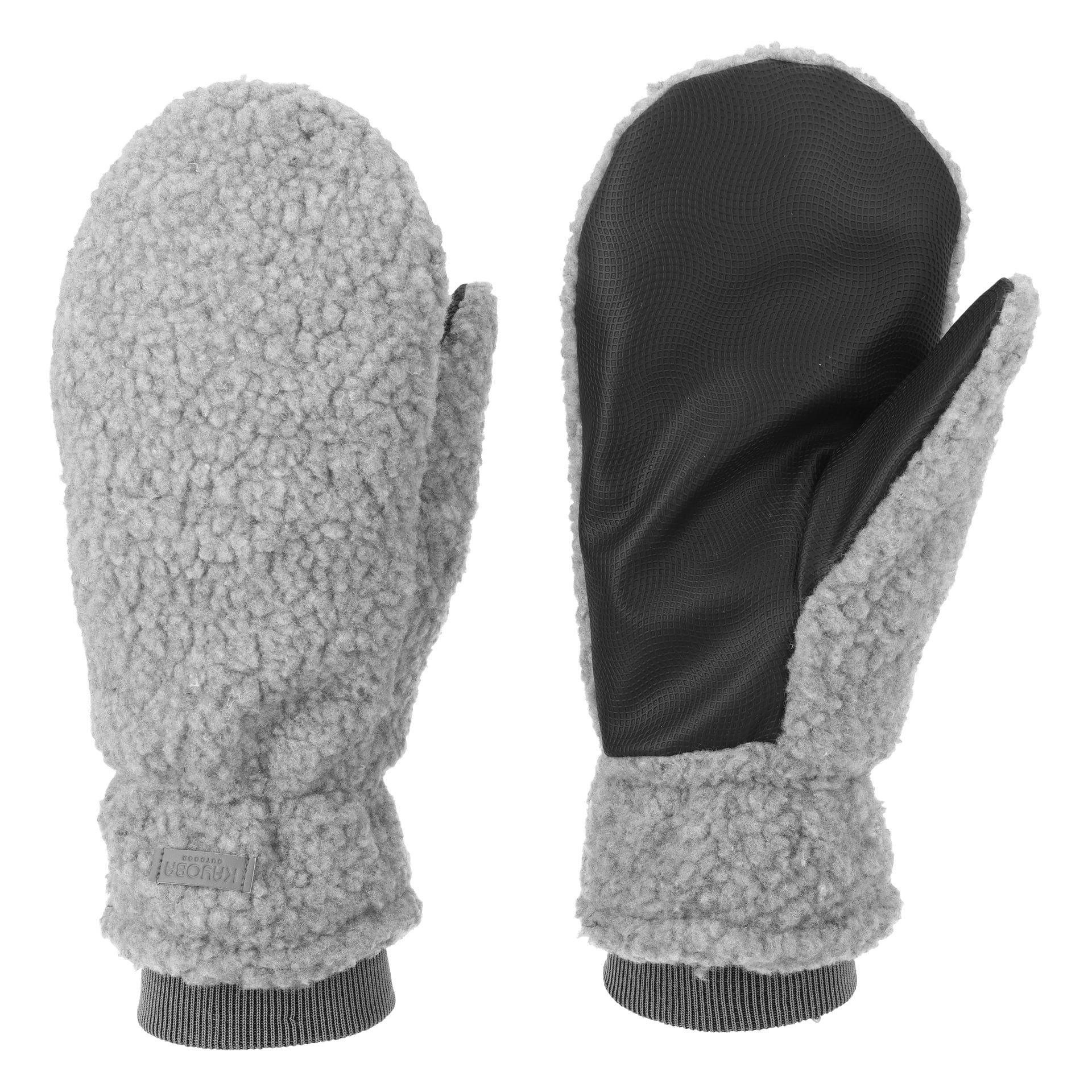 Ein Paar graue Kayoba Outdoor Pile Fäustlinge werden präsentiert, wobei einer seine weiche, flauschige Außenseite zeigt und der andere eine glatte schwarze Handfläche. Die Fäustlinge haben gerippte Manschetten an den Handgelenken.