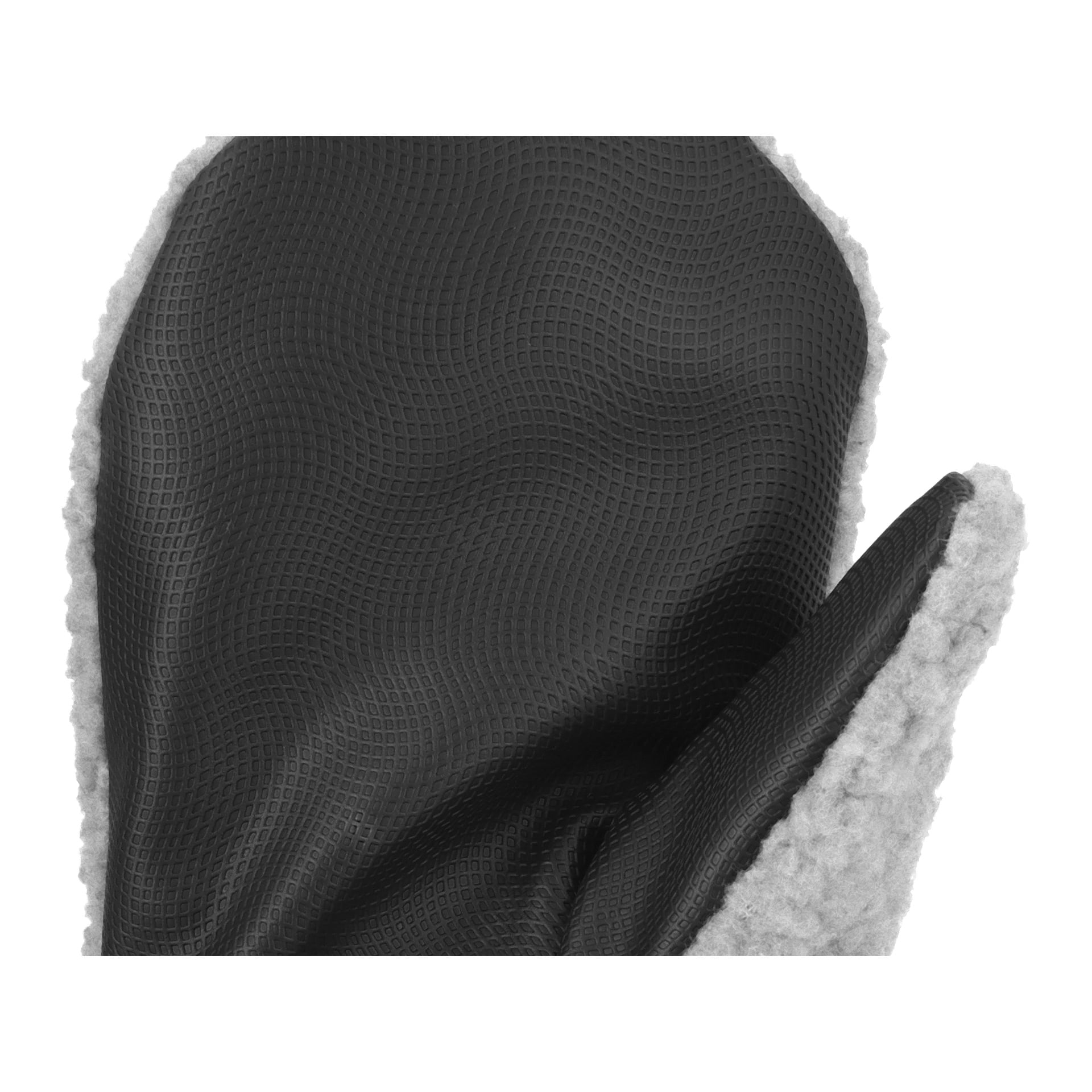 Eine detaillierte Ansicht eines schwarzen Kayoba Outdoor Pile Fäustlings hebt die strukturierte Oberfläche der Handfläche hervor und zeigt ein weiches, hellgraues Fleecefutter entlang des Randes.