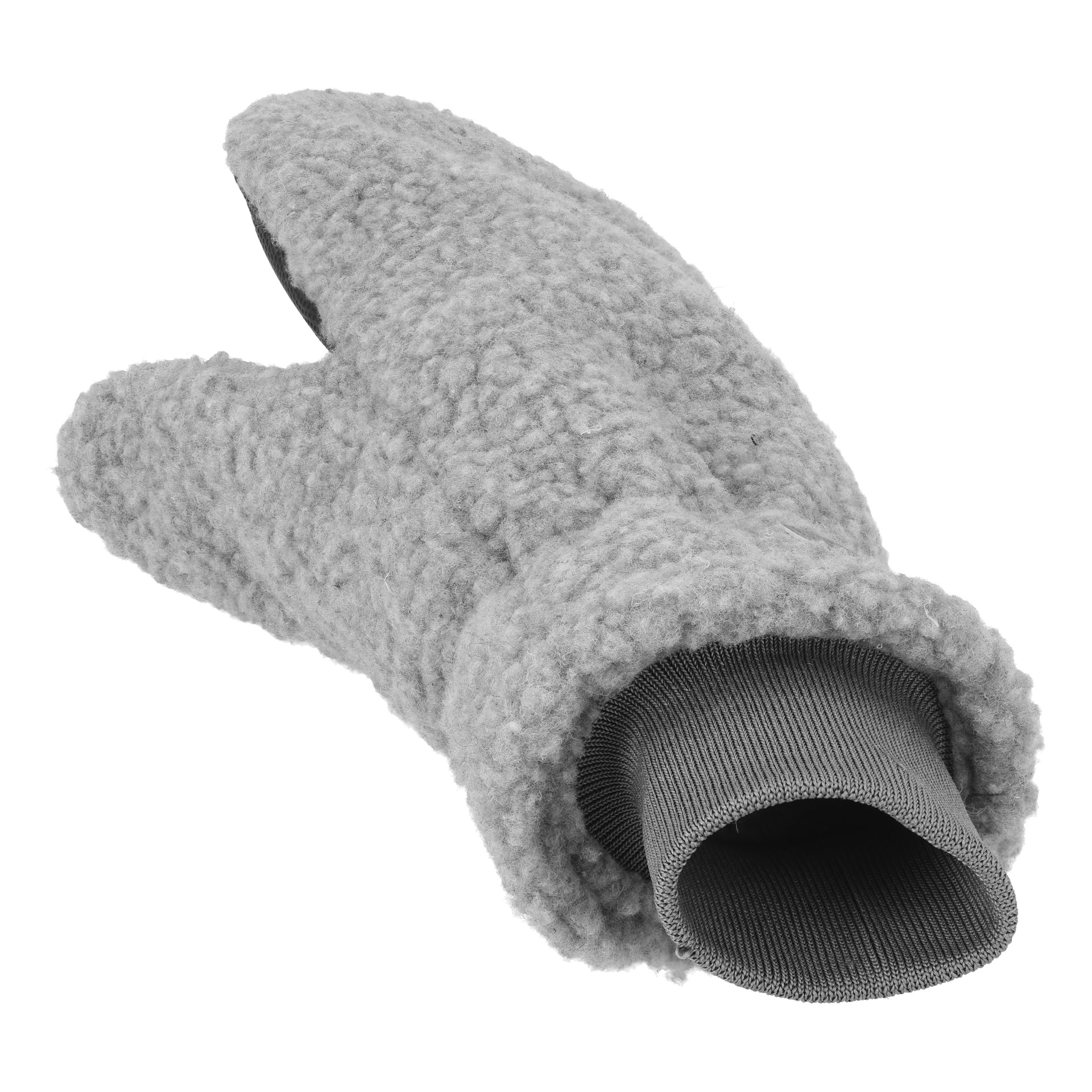 Ein Paar graue Kayoba Outdoor Pile-Fäustlinge mit Fleecefutter und einem markanten Hummerklauen-Design werden präsentiert, mit gerippten Stoffmanschetten an den Öffnungen.