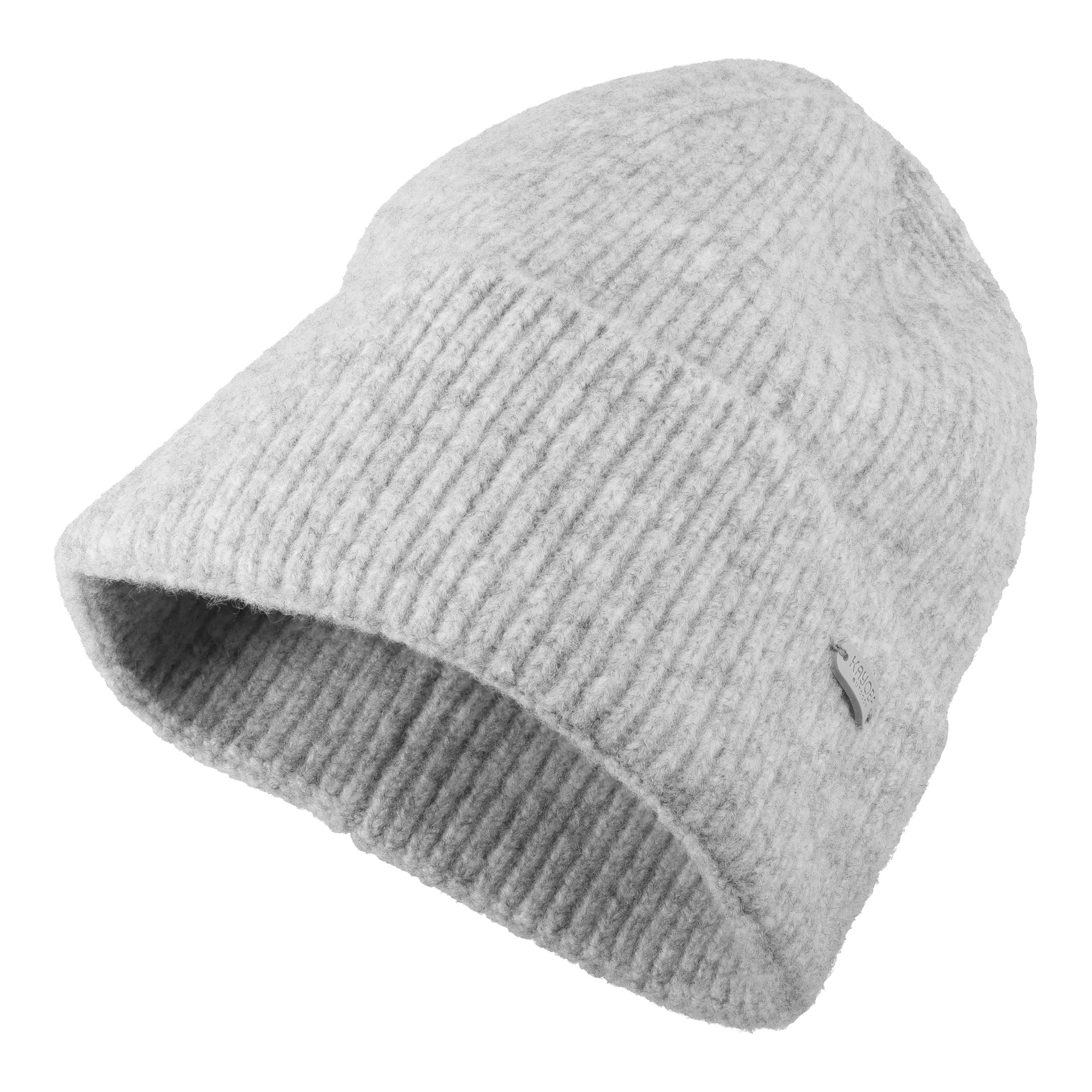 Der Kayoba Outdoor Hat ist eine hellgraue Mütze mit einem gerippten Strickmuster und einem kleinen metallischen Etikett am Krempel.