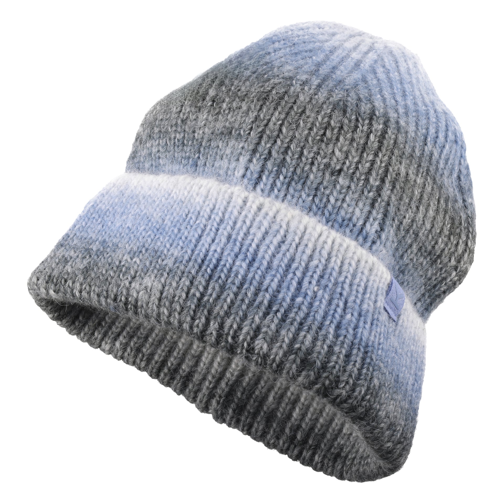 Eine gestrickte Kindermütze von Kayoba Outdoor mit einer gerippten Umschlagmanschette, die ein Farbverlauf in Grau-, Blau- und Weißtönen zeigt.