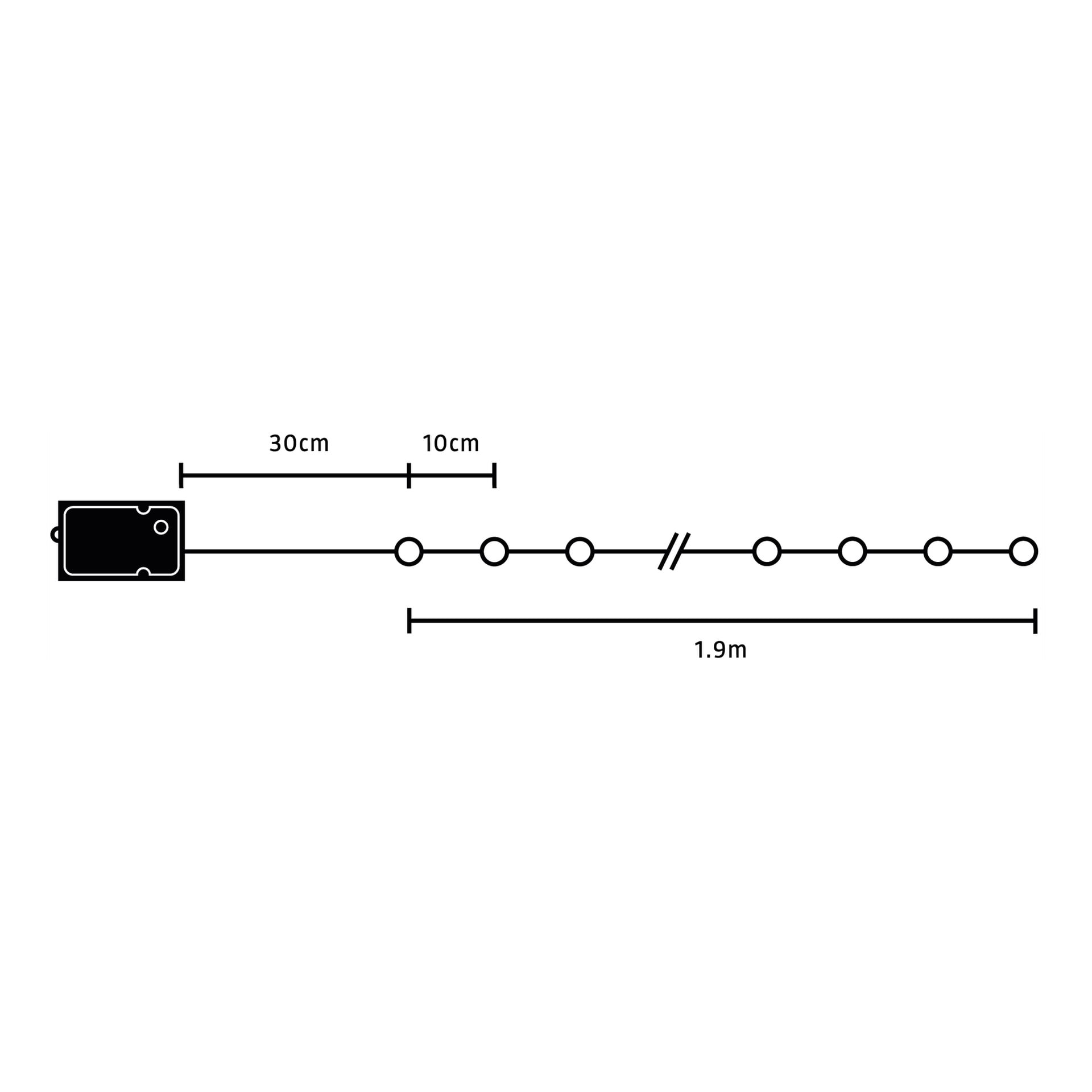 Ein Diagramm zeigt eine rechteckige Box mit der Aufschrift "EKVIP Batteriebetriebene LED-Lichterketten", die durch eine Linie mit sieben gleichmäßig auseinandergesetzten Kreisen verbunden ist. Der Abstand zwischen dem ersten und zweiten Kreis ist mit 30 cm angegeben, zwischen dem zweiten und dritten mit 10 cm, und die verbleibende Länge ist mit 1,9 m gekennzeichnet.