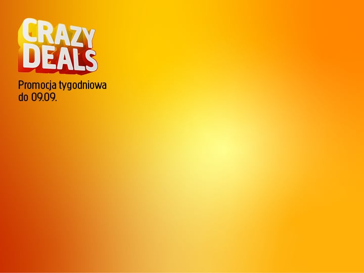 Tło w żółto-pomarańczowym gradientcie z napisem „CRAZY DEALS” wykonanym pogrubioną czcionką w kolorach białym i czerwonym w lewym górnym rogu. Poniżej znajduje się czarny napis „Promocja tygodniowa do 09.09”. Projekt jest minimalistyczny i nie zawiera żadnych dodatkowych elementów.