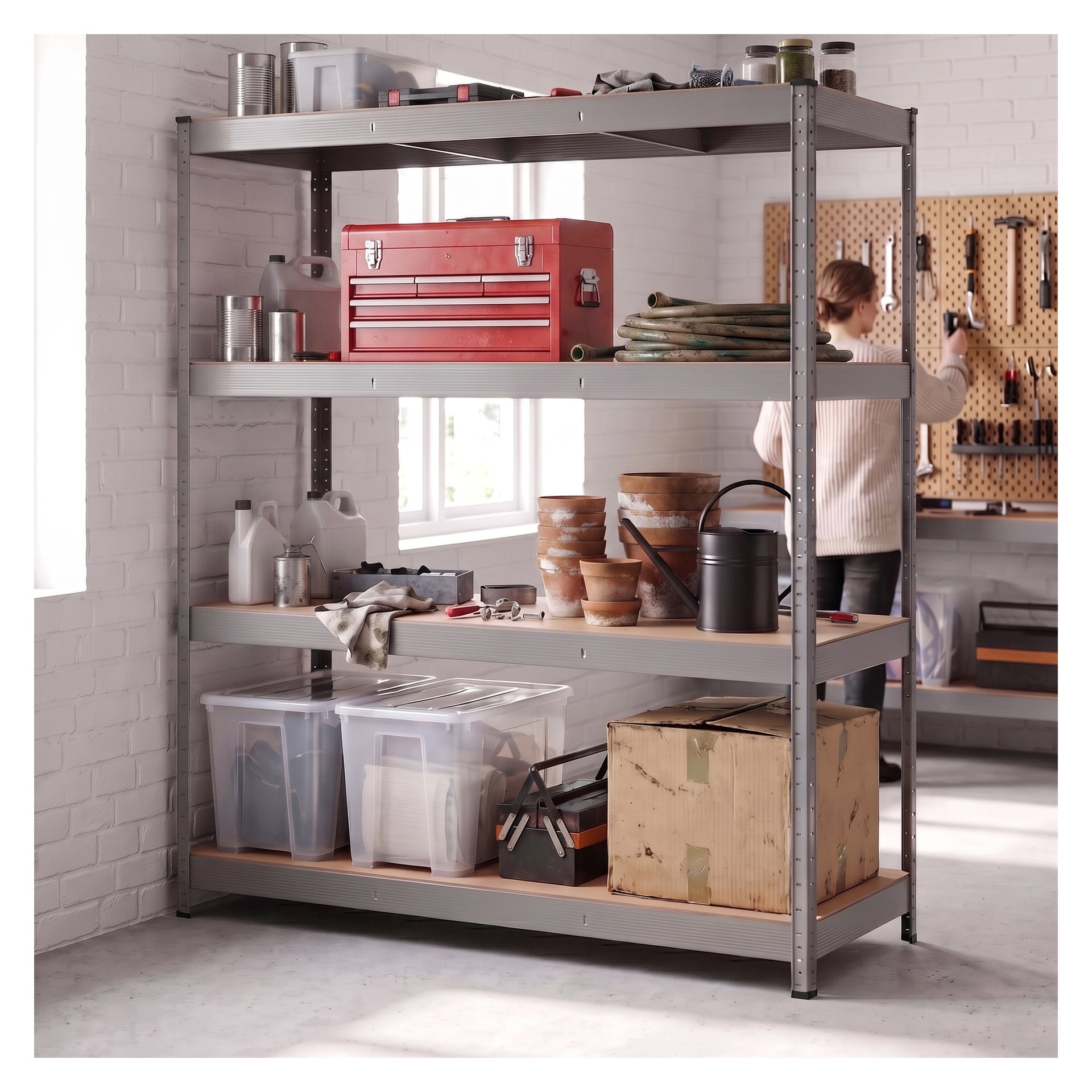 Ein Hard Head Storage Regal enthält einen roten Werkzeugkasten, Seile, Gartenwerkzeuge, Farbdosen, Behälter und einen Pappkarton in einem gut beleuchteten Raum. Eine Person steht neben einem Pegboard, an dem Werkzeuge an der Wand hängen.
