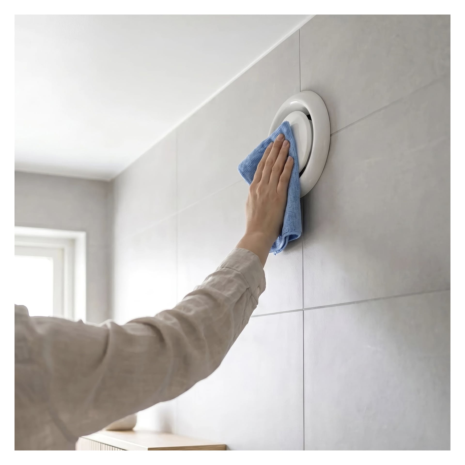 En person rengjør en rund luftventil på en flislagt vegg med en blå Hamron Microfiber-klut fra 5-pakken, med sollys som kommer inn gjennom et vindu i bakgrunnen.