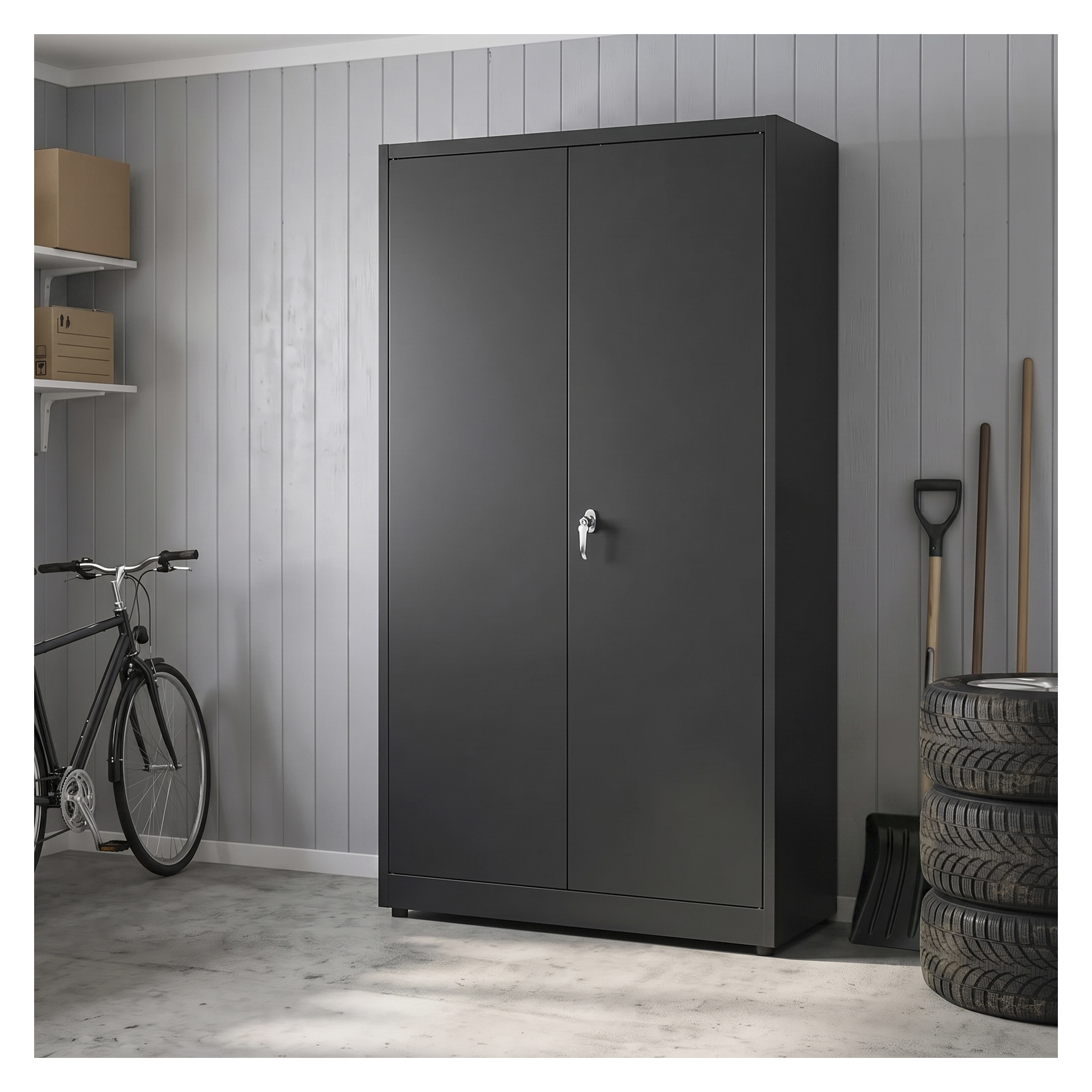 Ett svart metallskåp för Hard Head Storage med två dörrar och lås är placerat mot en grå panelad garagevägg. Bredvid står en cykel, en hög däck, en spade, kvast och hyllor fyllda med kartonger.