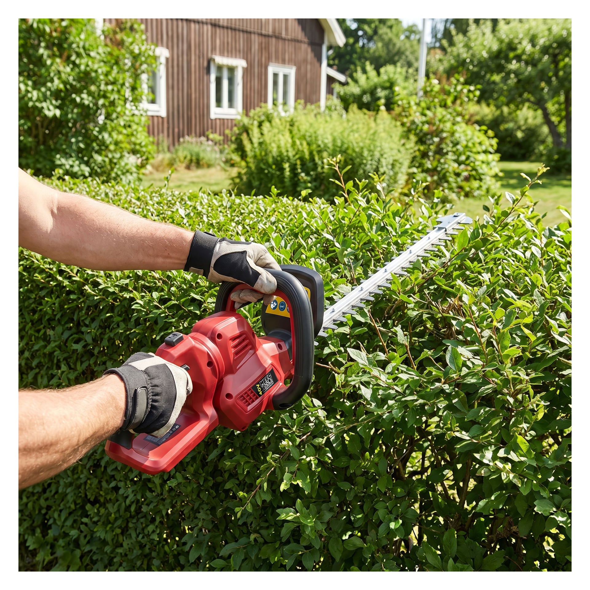 Iført hansker klipper man en grønn hekk i hagen med en Meec Tools Multiseries 40 V batterihekkeklipper. Et trehus og ulike planter sees i den solrike bakgrunnen.