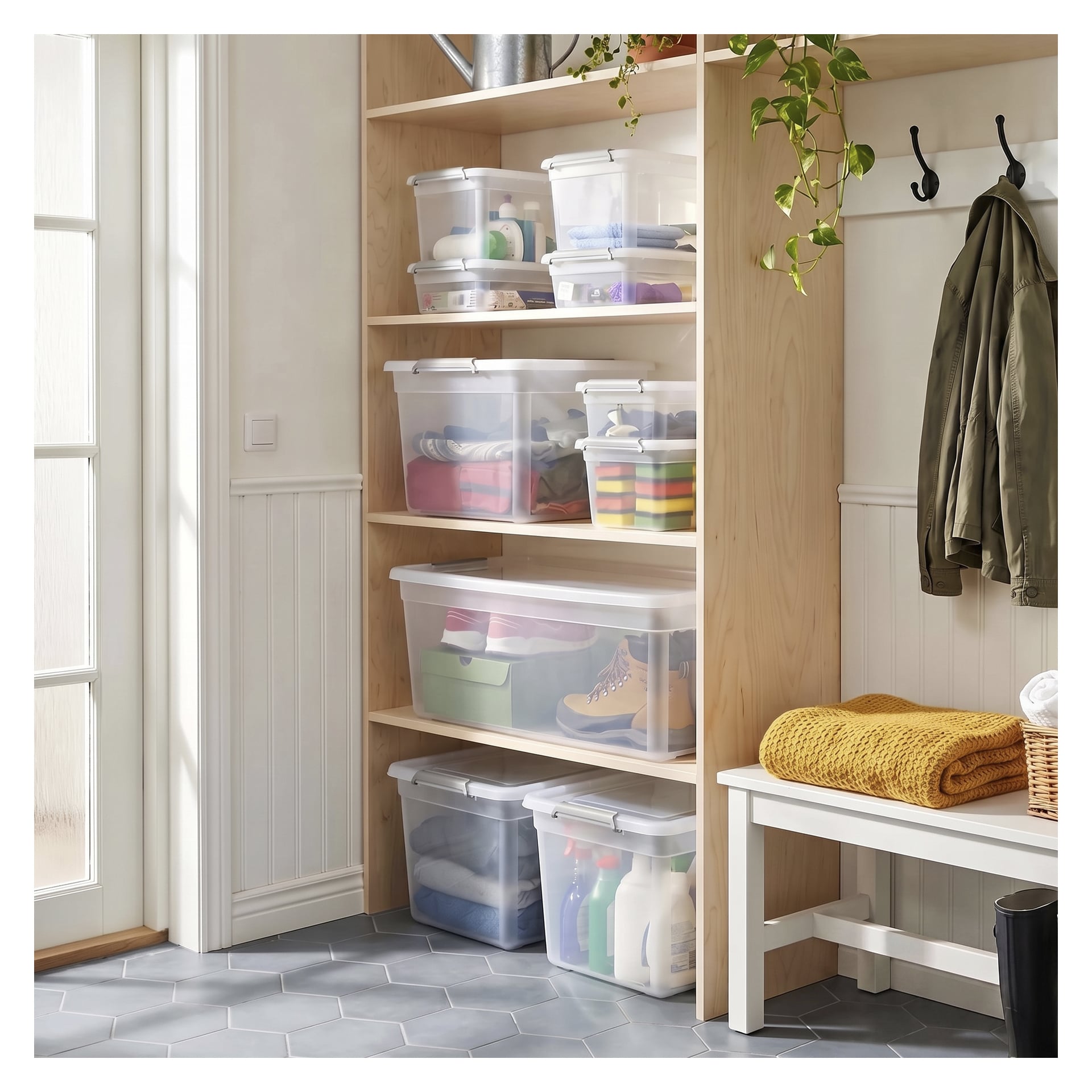 Genomskinliga plastlådor för Hard Head Storage med lock är organiserade på en trähylla, där varje hylla innehåller olika saker. En vit bänk täckt med en gul filt står bredvid hyllan, och jackor hängs på krokar ovanför. Solljuset kommer in genom en glasdörr till vänster.
