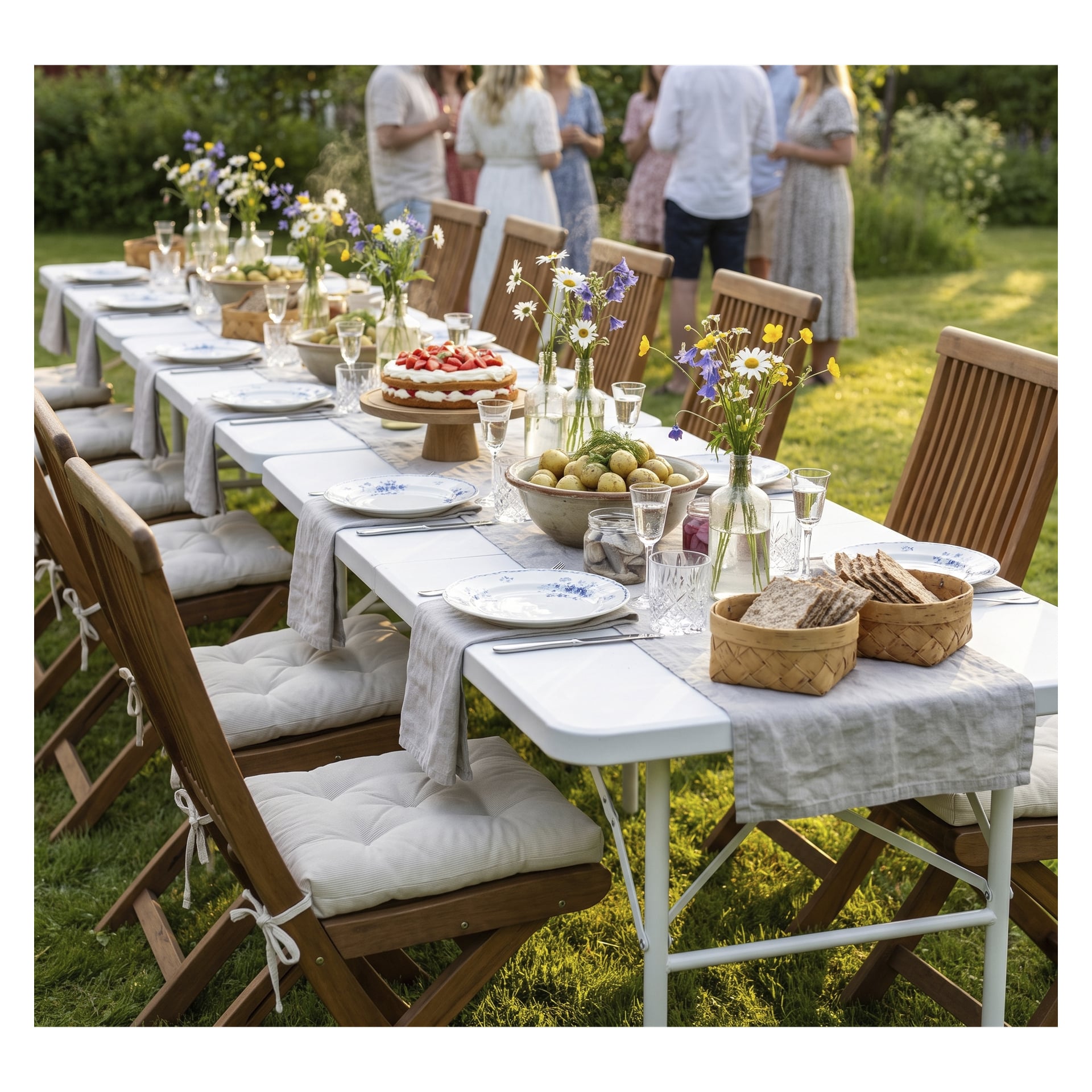 Ein langer weißer EKVIP Klapptisch für ein Essen im Freien mit Tellern, Schalen mit Essen und Vasen voller Wildblumen, umgeben von Holzklappstühlen.