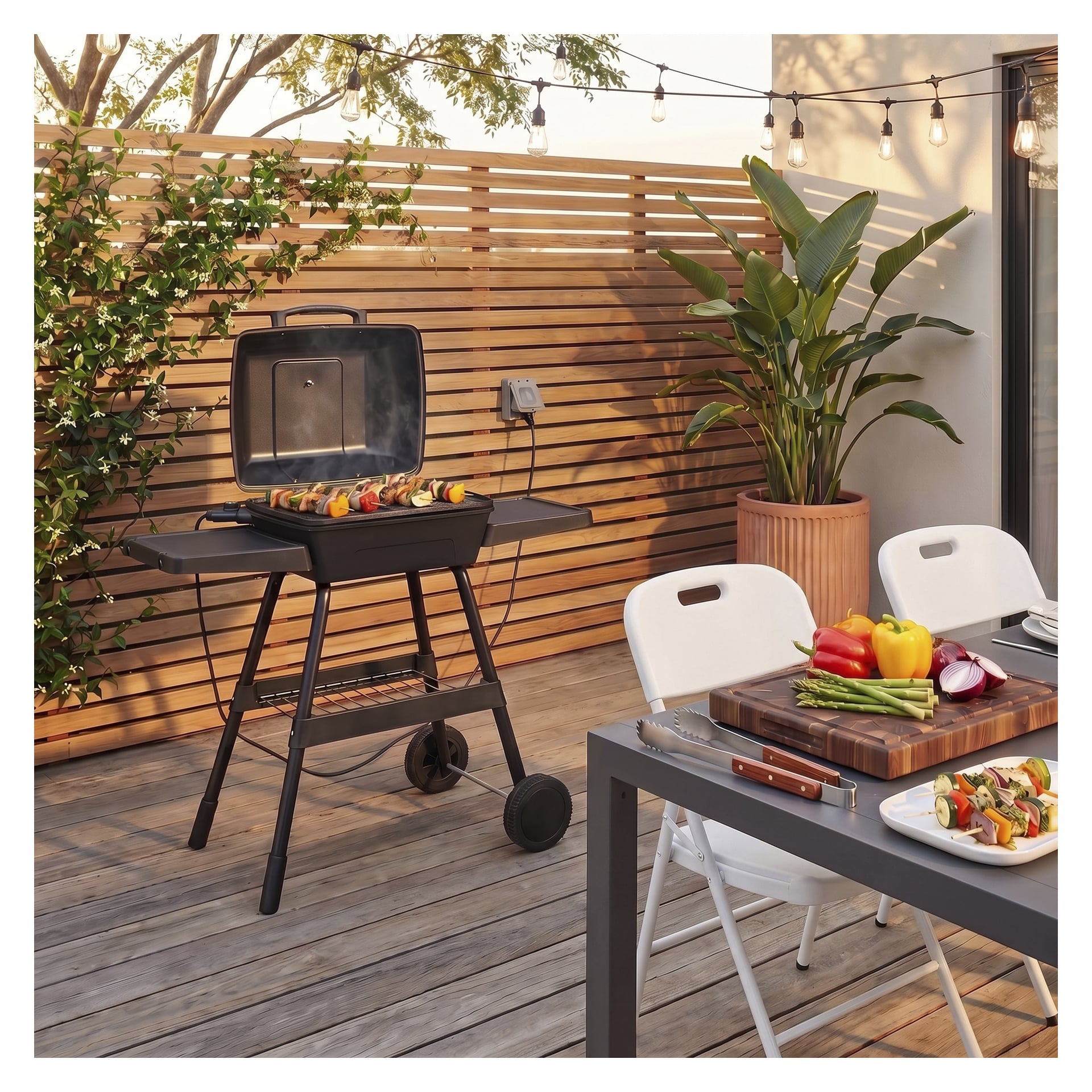 En Burns & Barkles portabel elektrisk grill med öppet lock, grillspett på en träaltan bredvid ett matbord med grönsaker och en tallrik färdiglagad mat.