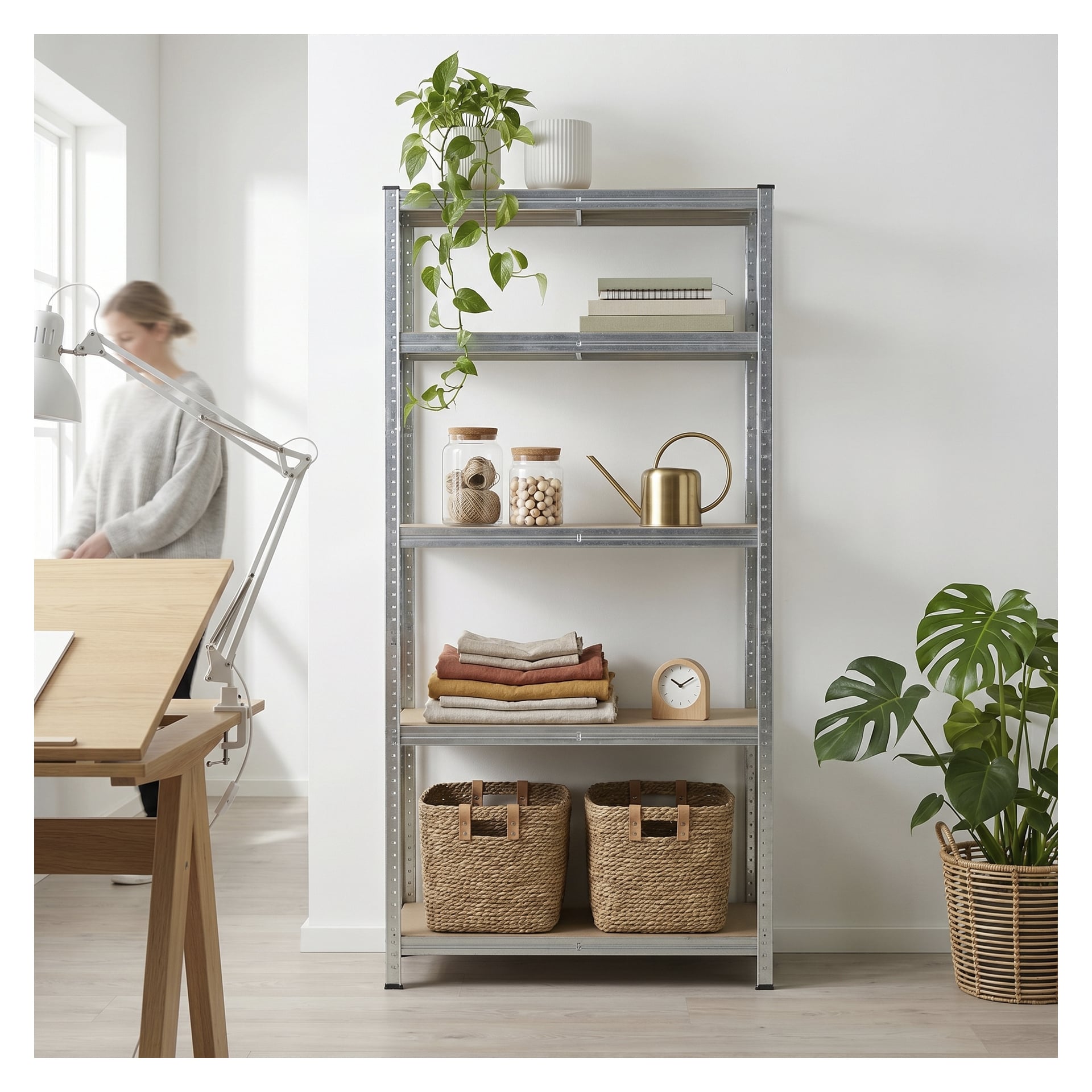 En Hard Head Storage enhet med fem hyllor rymmer olika dekorativa föremål, krukväxter, burkar, en vattenkanna, vikta tyger och flätade korgar. Rummet är ljust och minimalistiskt med ett träskrivbord och en person som rör sig genom rummet och ser suddig ut.