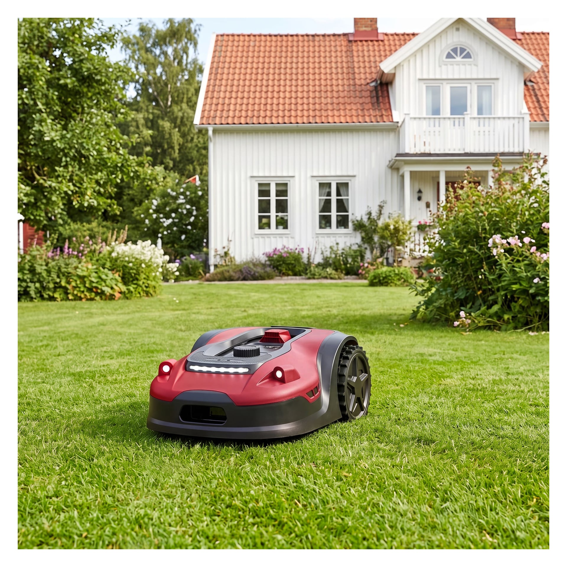 Meec Tools Robot gressklipperen med app-funksjoner beveger seg over en grønn plen ved et hvitt hus med rødt tak, omgitt av blomsterbed og trær under en klar himmel.