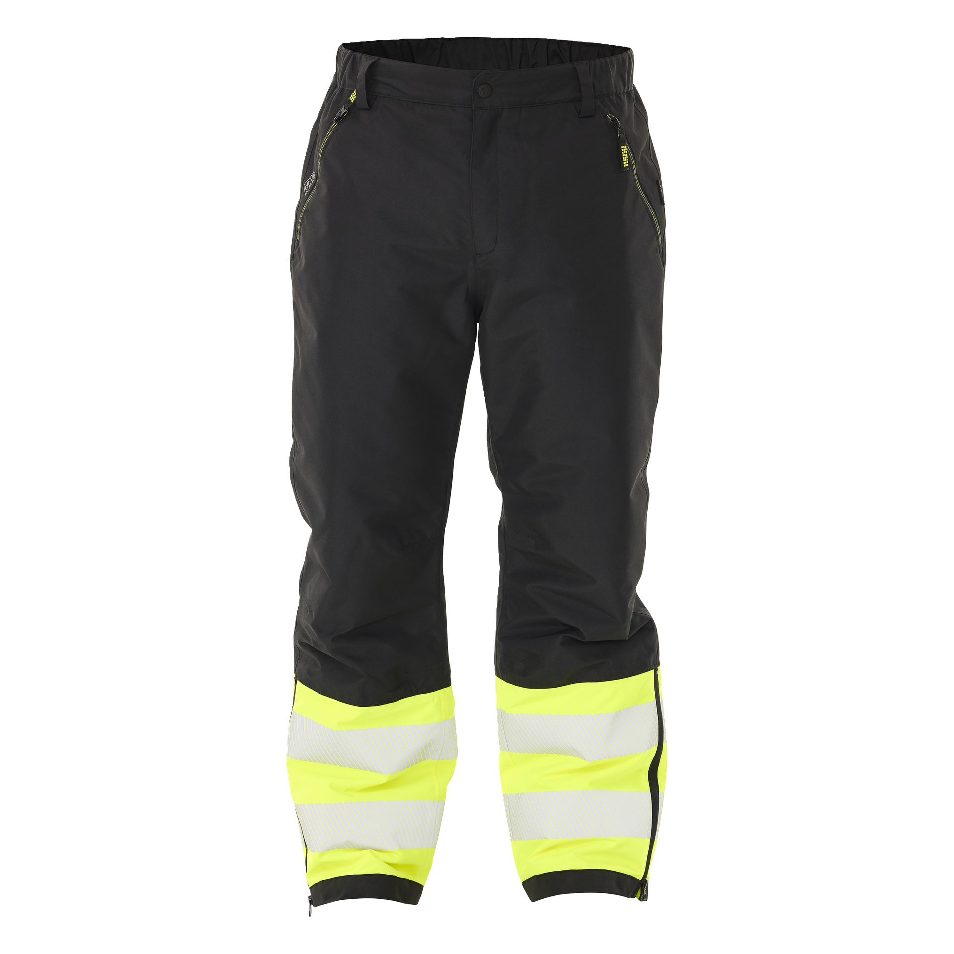 Svarta Bluewear Lawson högsynliga vadderade byxor med gula reflekterande band runt underbenen, raka benen och fickor med dragkedja.