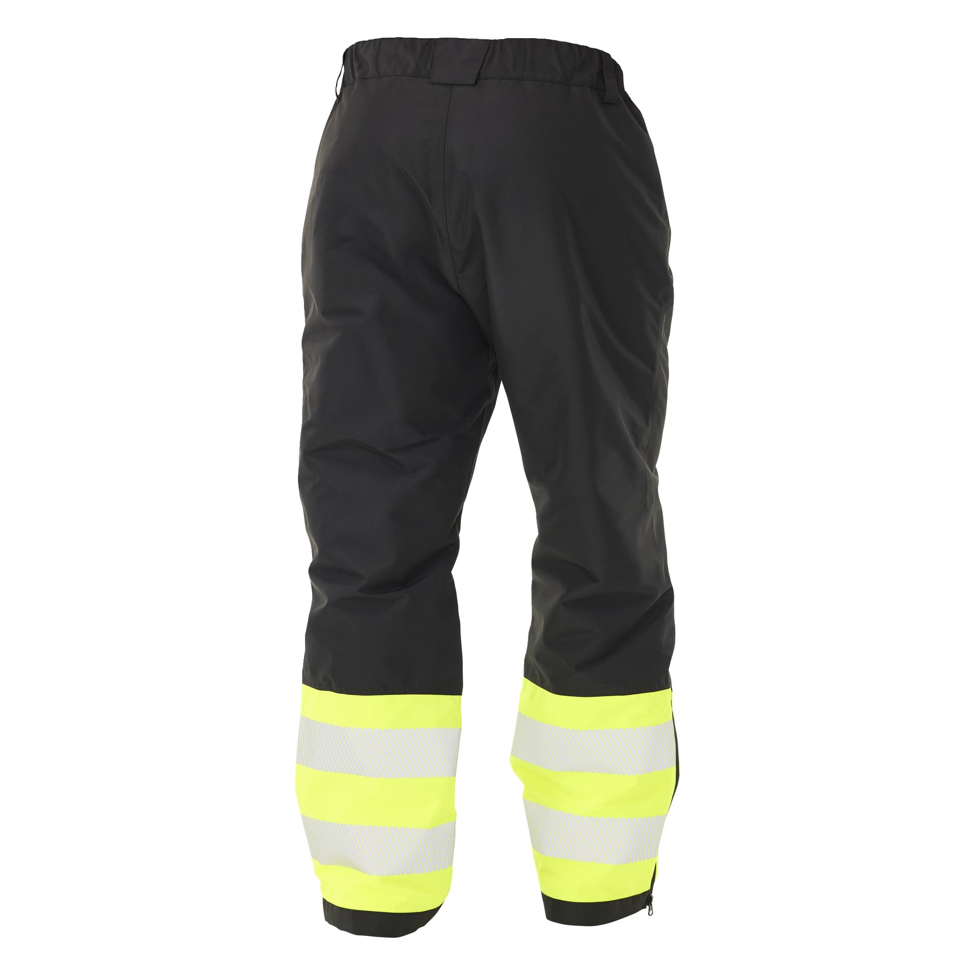 Bluewear Padded högsynliga Lawson-byxor är svarta arbetsbyxor med livfullt gula och silverfärgade reflekterande band runt underbenen, tillverkade för att förbättra synlighet och säkerhet.