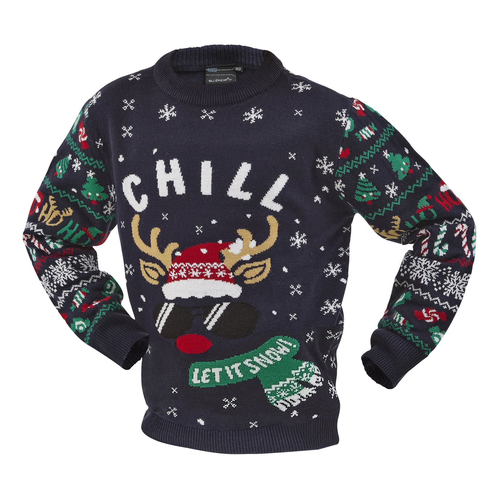 En marinblå blåklädd jultröja för barn, dekorerad med festliga mönster som snöflingor, julgranar och en ren med tomteluva. Framsidan visar orden "CHILL" och "LET IT SNOW" i vita och gröna bokstäver.