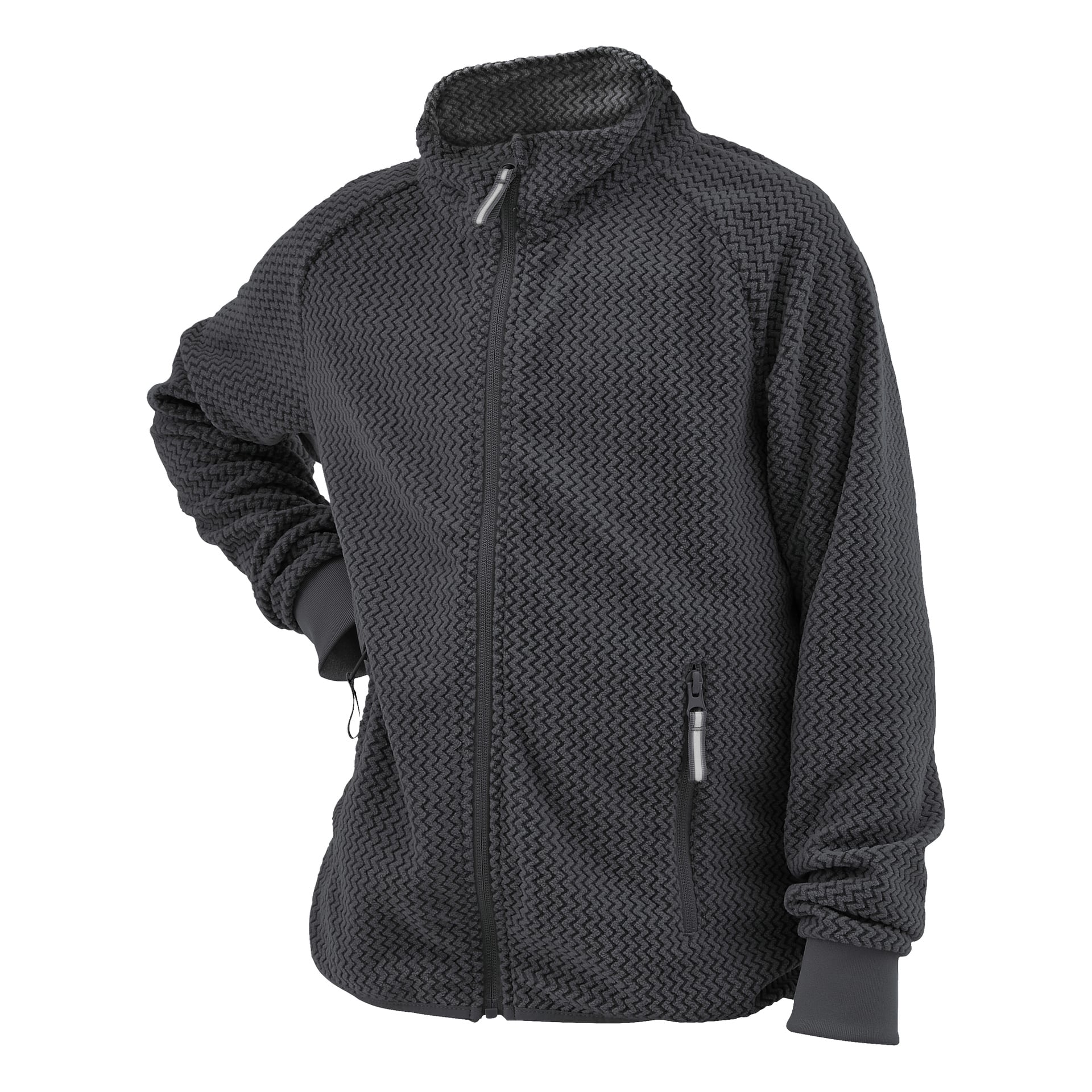 Kayoba Outdoor Children's fleece-takki Omberg on teksturoitu tummanharmaa, korkeakaulus, pitkät hihat, vetoketjulliset taskut ja uurrelliset hihansuut.