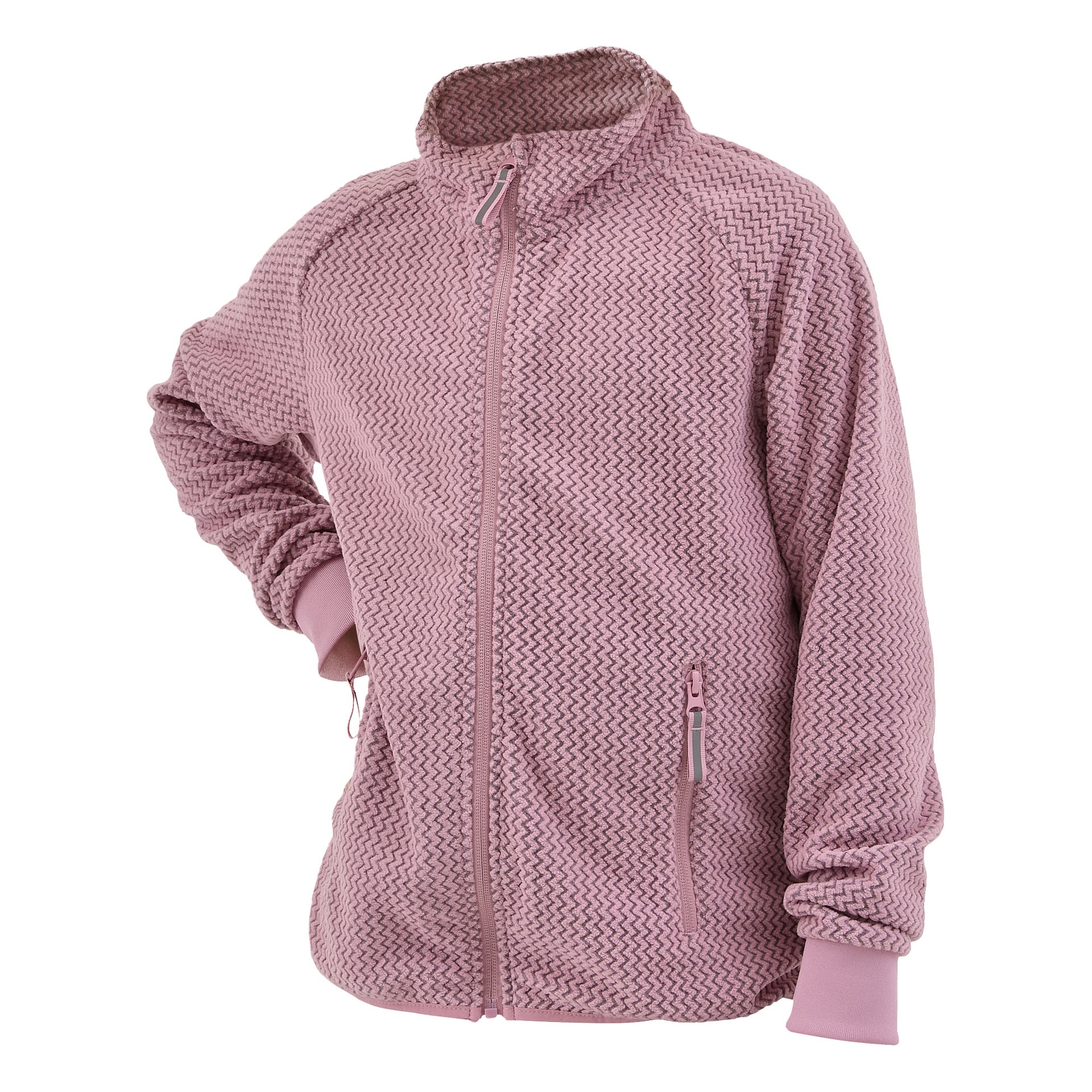 Lapsi mallintaa Kayoba Outdoor Children's fleece -takkia Omberg, joka on malva ja teksturoitu siksak-kuvio. Takissa on korkea kaulus, hihat ja kaksi vetoketjullista taskua edessä. Lapsella on toinen käsi koukussa kyynärpäästä ja käsi lanteella.