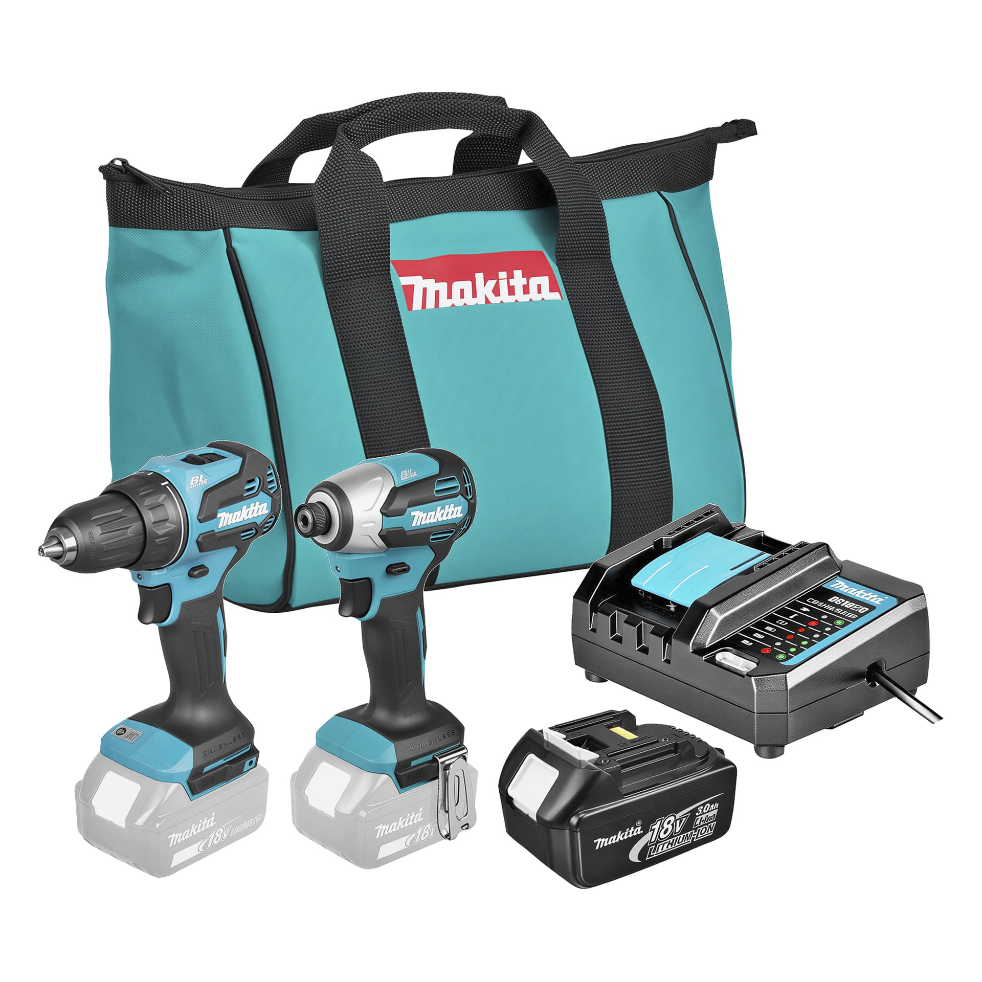Makita Verktygspaket DLX2577F01 5 delar visar en turkos- och svart bärväska märkt "Makita", en sladdlös borrmaskin, ett slagskruvverktyg, ett batteri och en laddare. Både borren och drivaren visas utan batterier kopplade, och "Makita"-logotypen syns på väskan och båda verktygen.